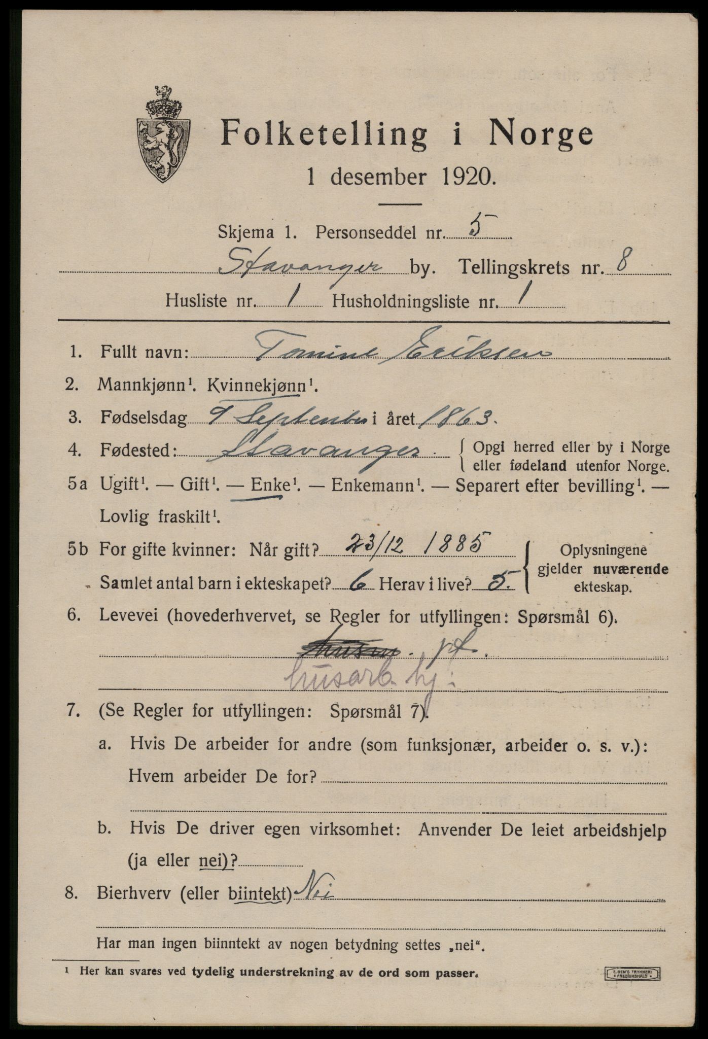 SAST, 1920 census for Stavanger, 1920, p. 47078