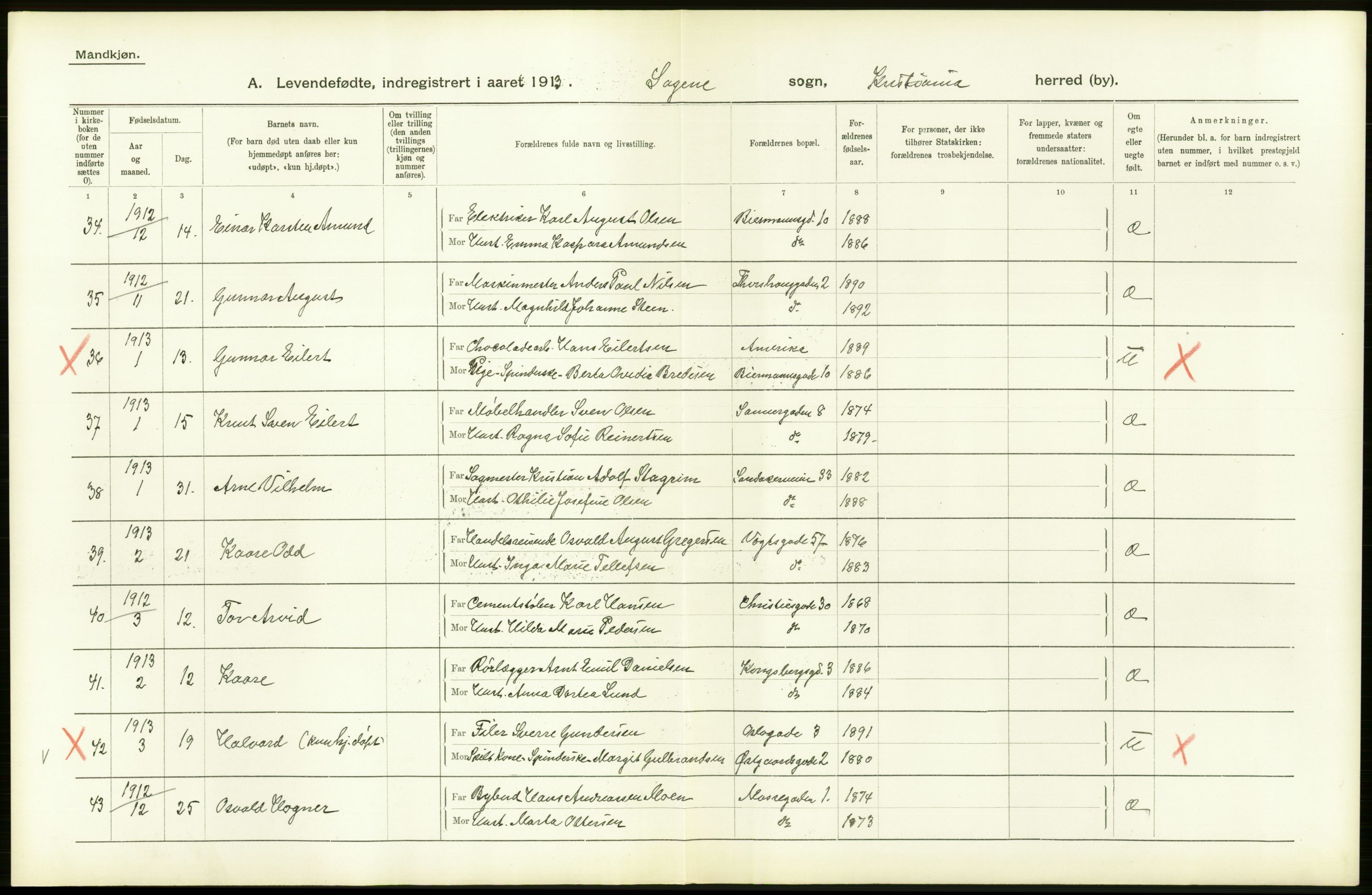 Statistisk sentralbyrå, Sosiodemografiske emner, Befolkning, AV/RA-S-2228/D/Df/Dfb/Dfbc/L0006: Kristiania: Levendefødte menn og kvinner., 1913, p. 56