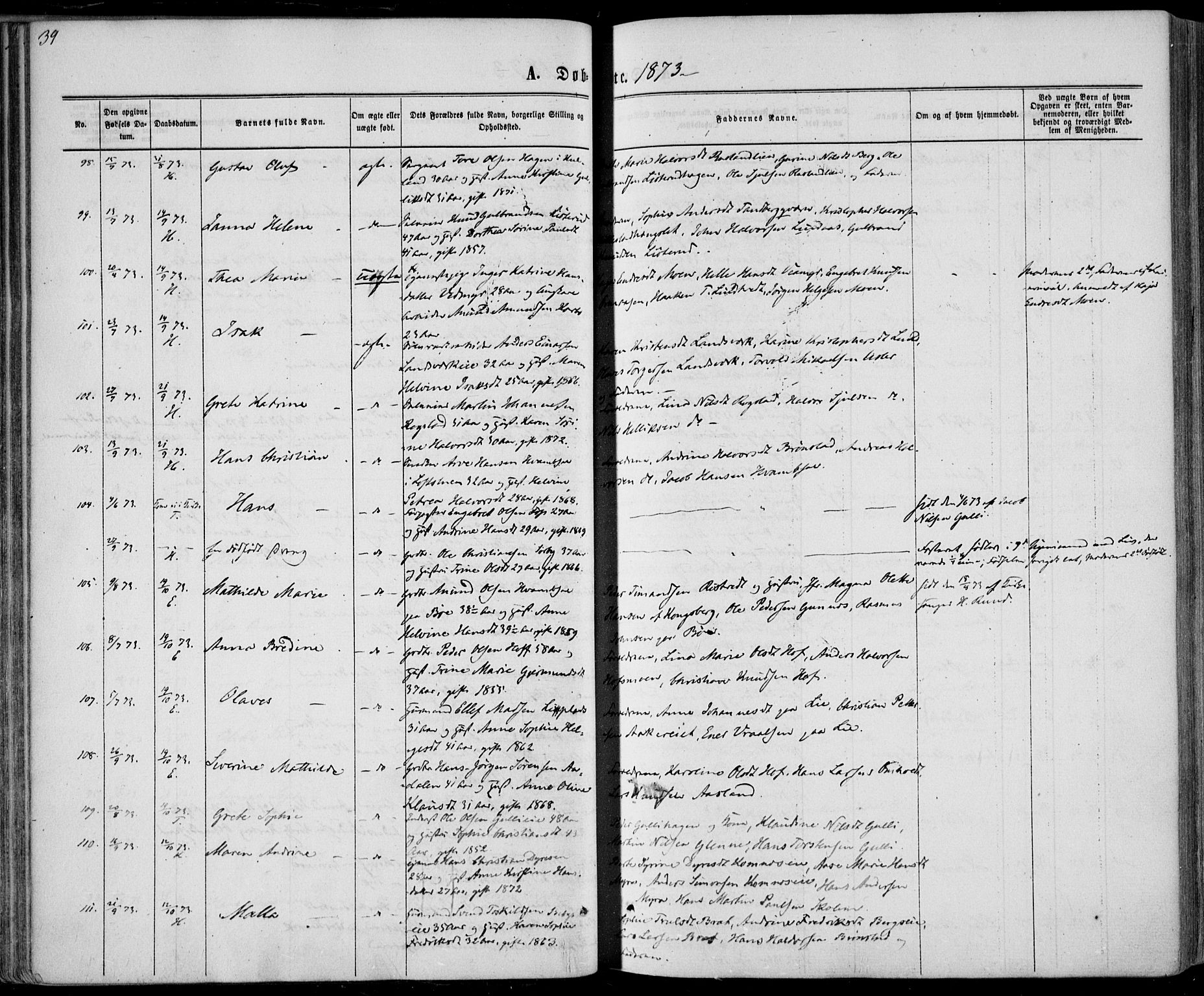 Sandsvær kirkebøker, AV/SAKO-A-244/F/Fa/L0007: Parish register (official) no. I 7, 1869-1877, p. 39