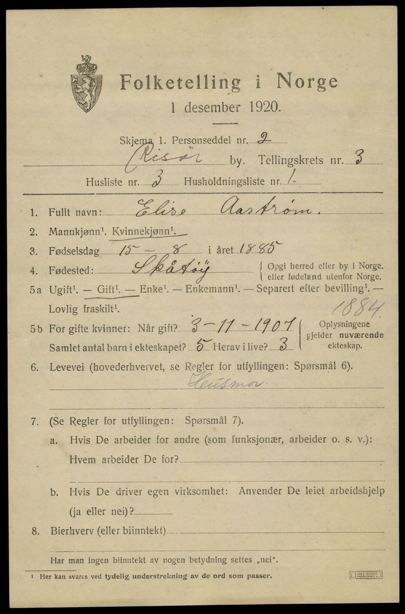 SAK, 1920 census for Risør, 1920, p. 7723