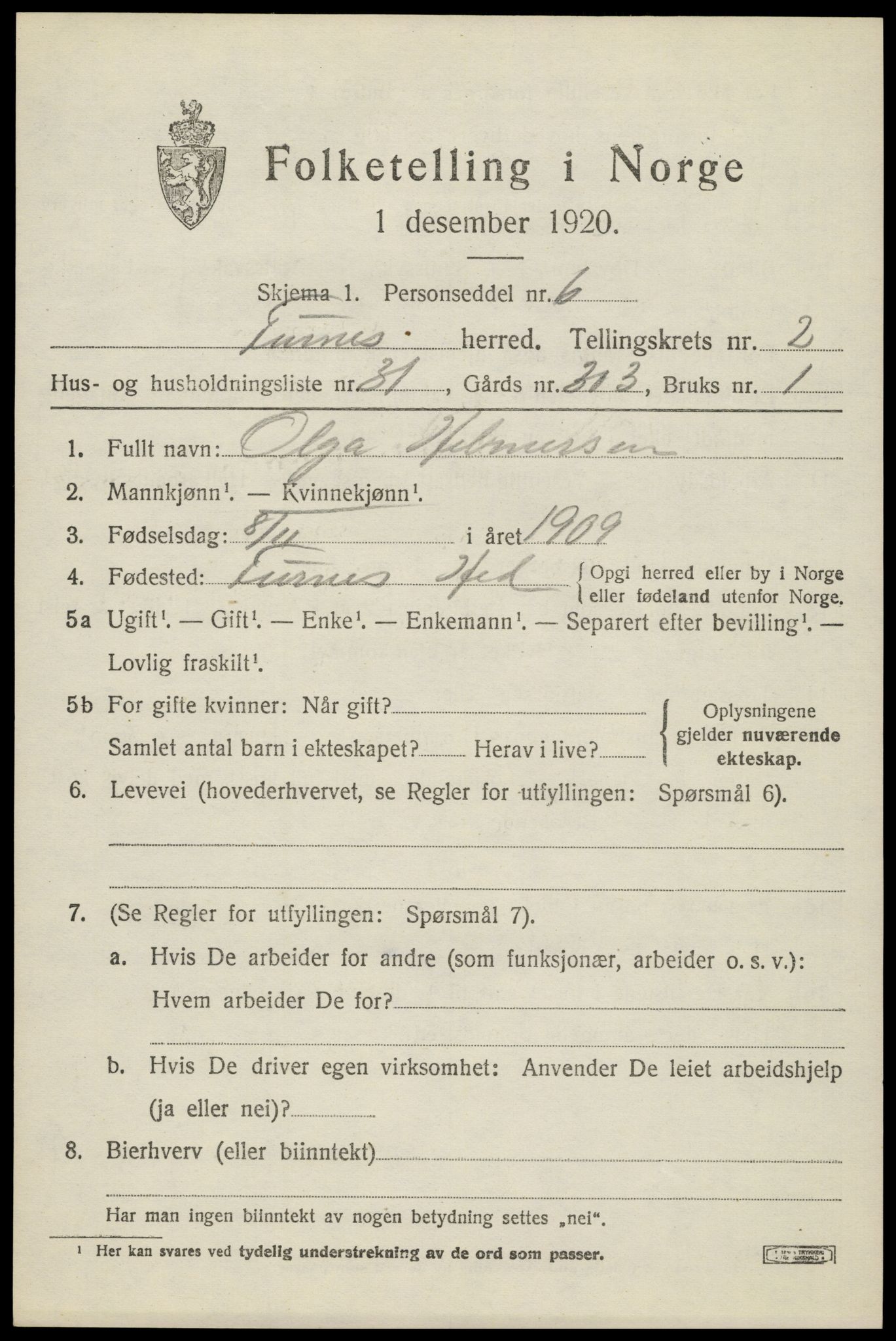 SAH, 1920 census for Furnes, 1920, p. 3427