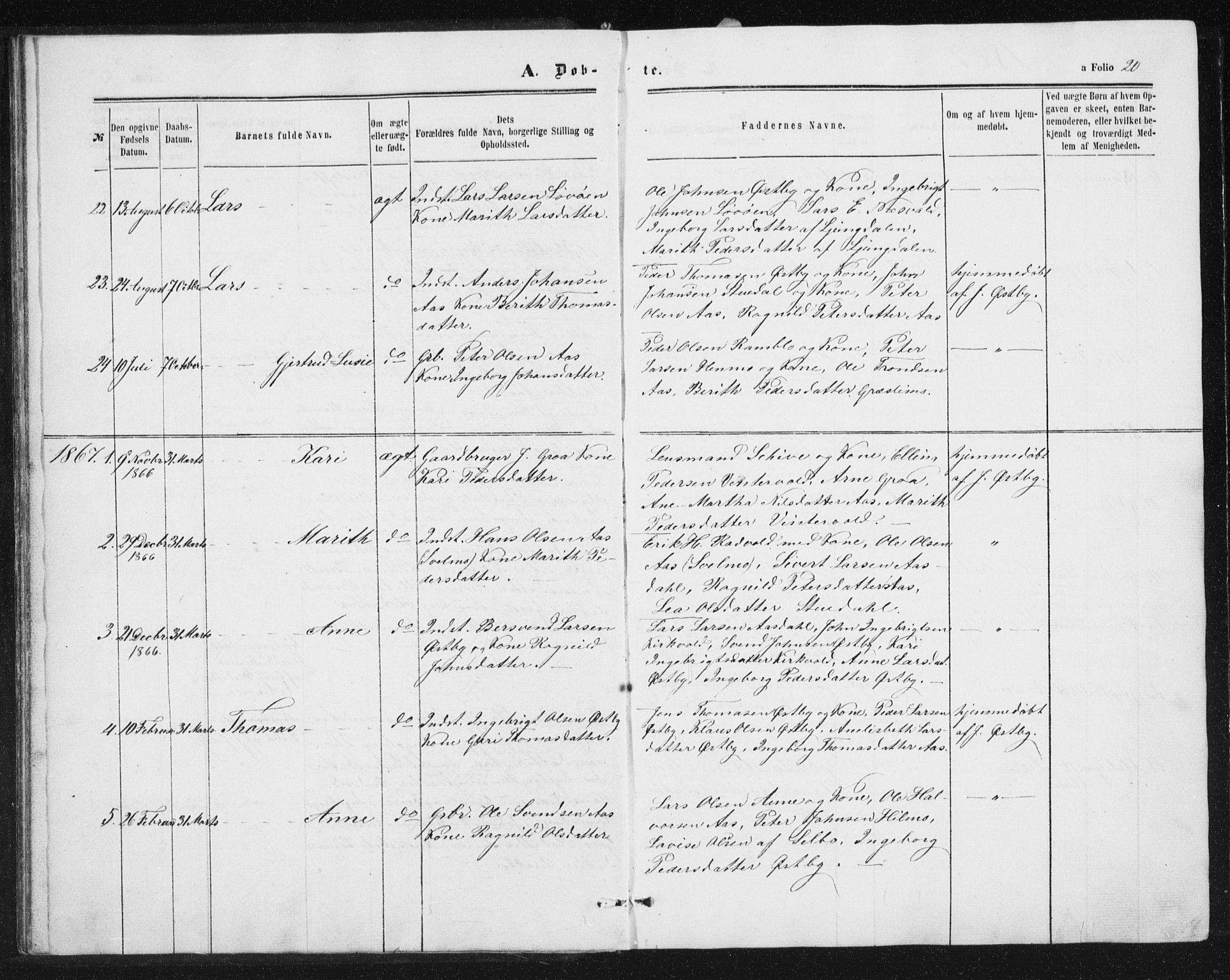 Ministerialprotokoller, klokkerbøker og fødselsregistre - Sør-Trøndelag, SAT/A-1456/698/L1166: Parish register (copy) no. 698C03, 1861-1887, p. 20