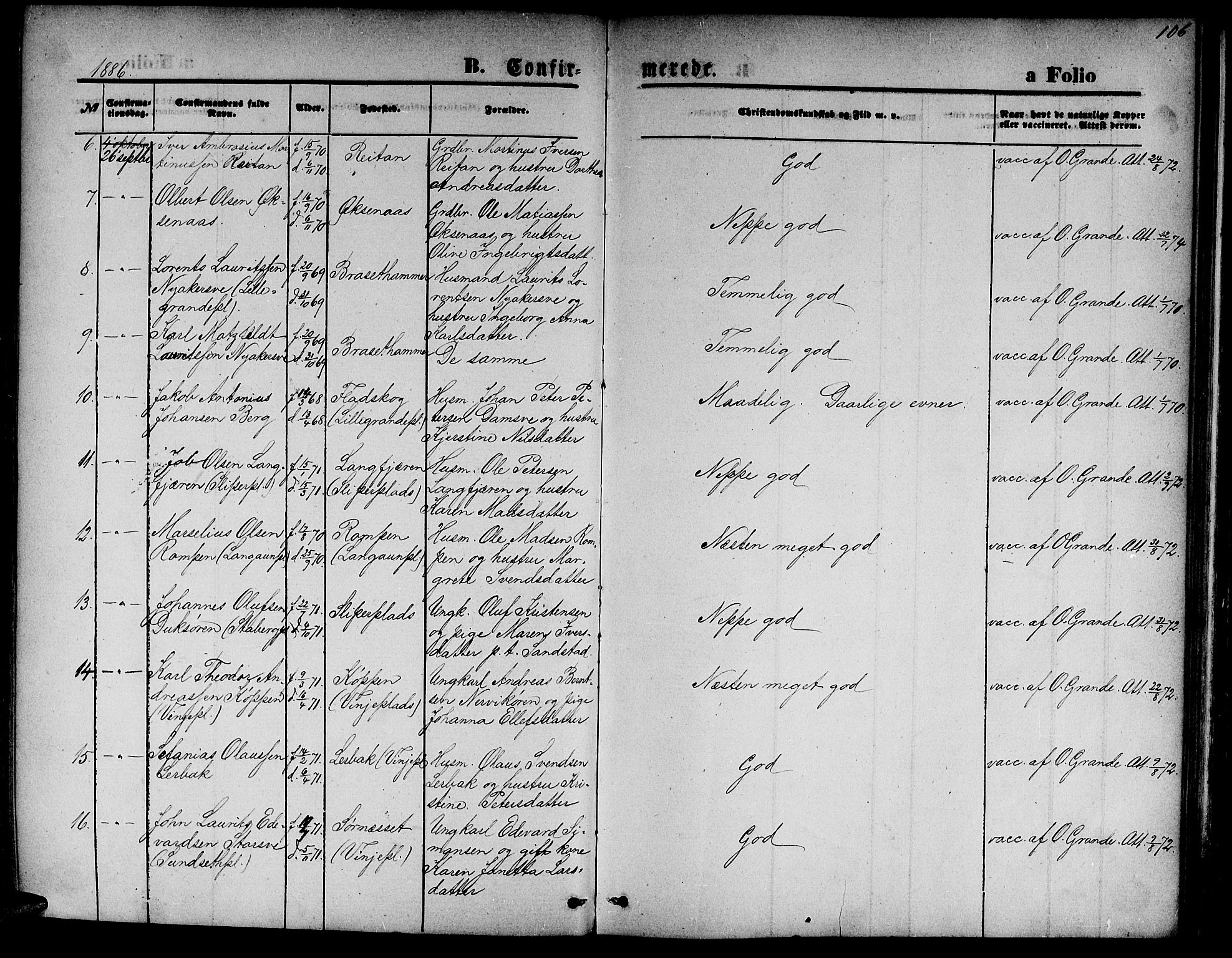 Ministerialprotokoller, klokkerbøker og fødselsregistre - Nord-Trøndelag, AV/SAT-A-1458/733/L0326: Parish register (copy) no. 733C01, 1871-1887, p. 106