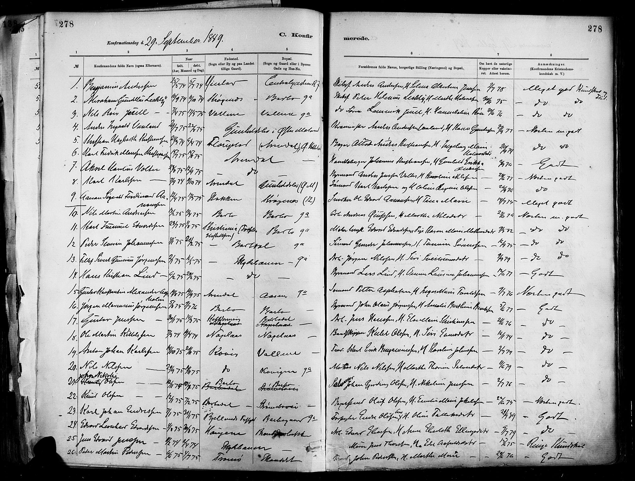 Barbu sokneprestkontor, SAK/1111-0003/F/Fa/L0002: Parish register (official) no. A 2, 1883-1898, p. 278