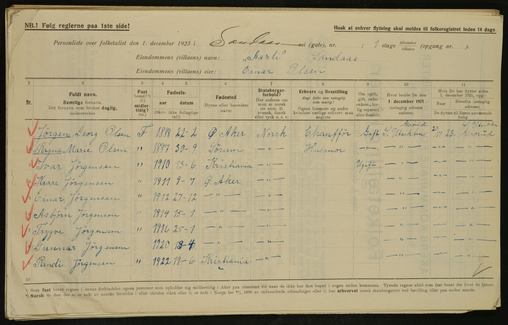 , Municipal Census 1923 for Aker, 1923, p. 30162