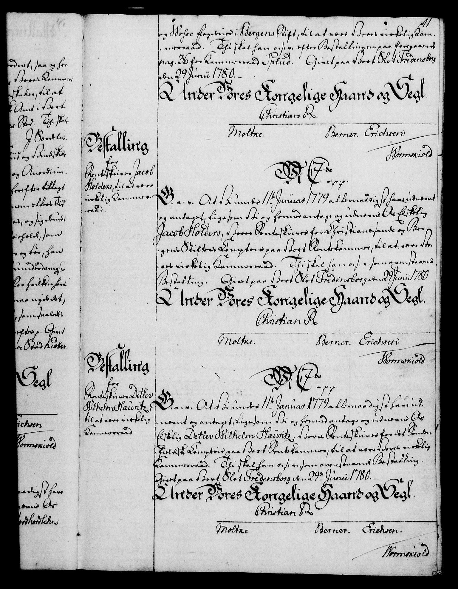 Rentekammeret, Kammerkanselliet, RA/EA-3111/G/Gg/Gge/L0006: Norsk bestallingsprotokoll med register (merket RK 53.30), 1773-1814, p. 41