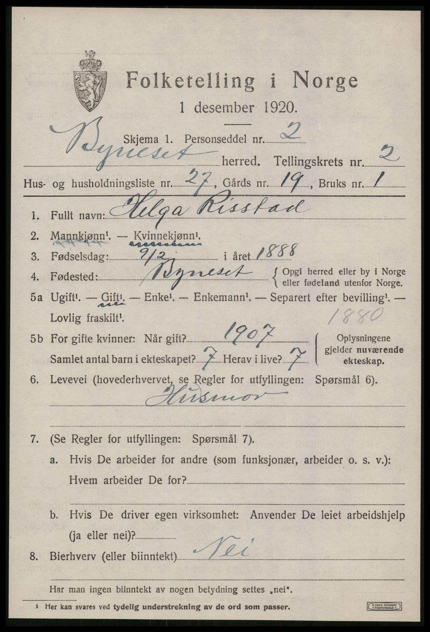 SAT, 1920 census for Byneset, 1920, p. 1574