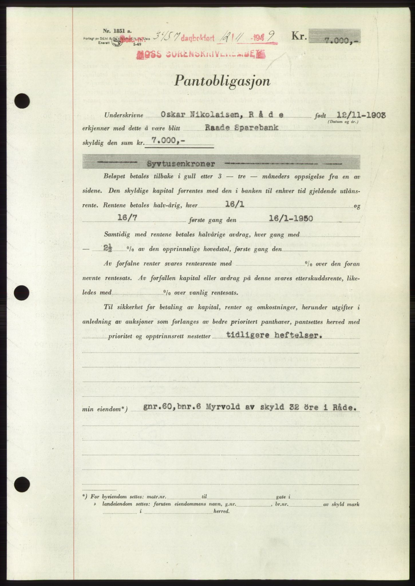 Moss sorenskriveri, SAO/A-10168: Mortgage book no. B23, 1949-1950, Diary no: : 3457/1949