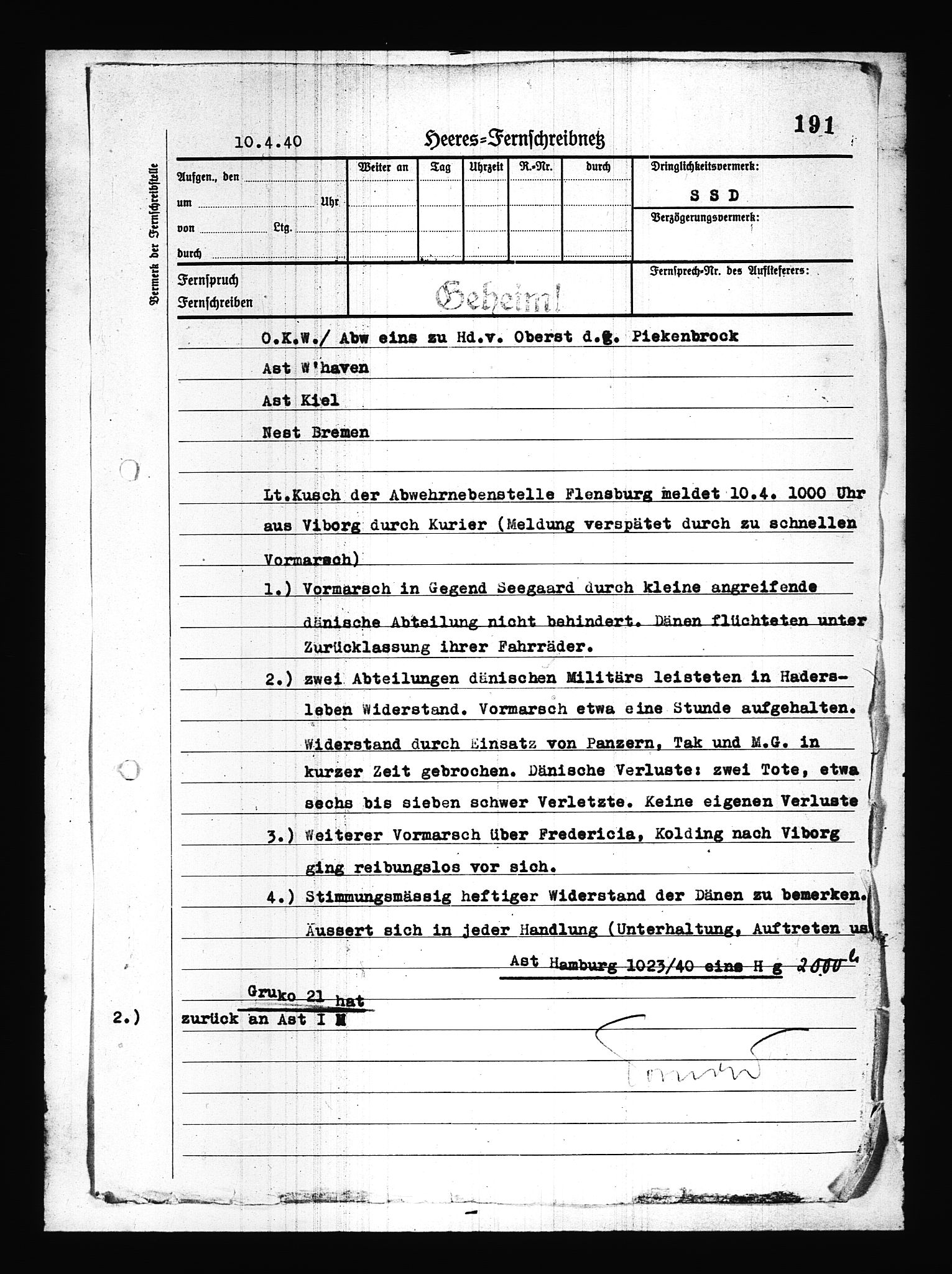 Documents Section, AV/RA-RAFA-2200/V/L0085: Amerikansk mikrofilm "Captured German Documents".
Box No. 724.  FKA jnr. 615/1954., 1940-1941, p. 70