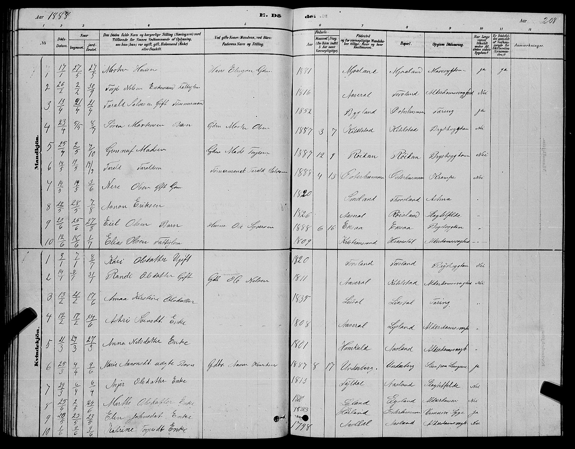 Åseral sokneprestkontor, AV/SAK-1111-0051/F/Fb/L0002: Parish register (copy) no. B 2, 1878-1899, p. 208