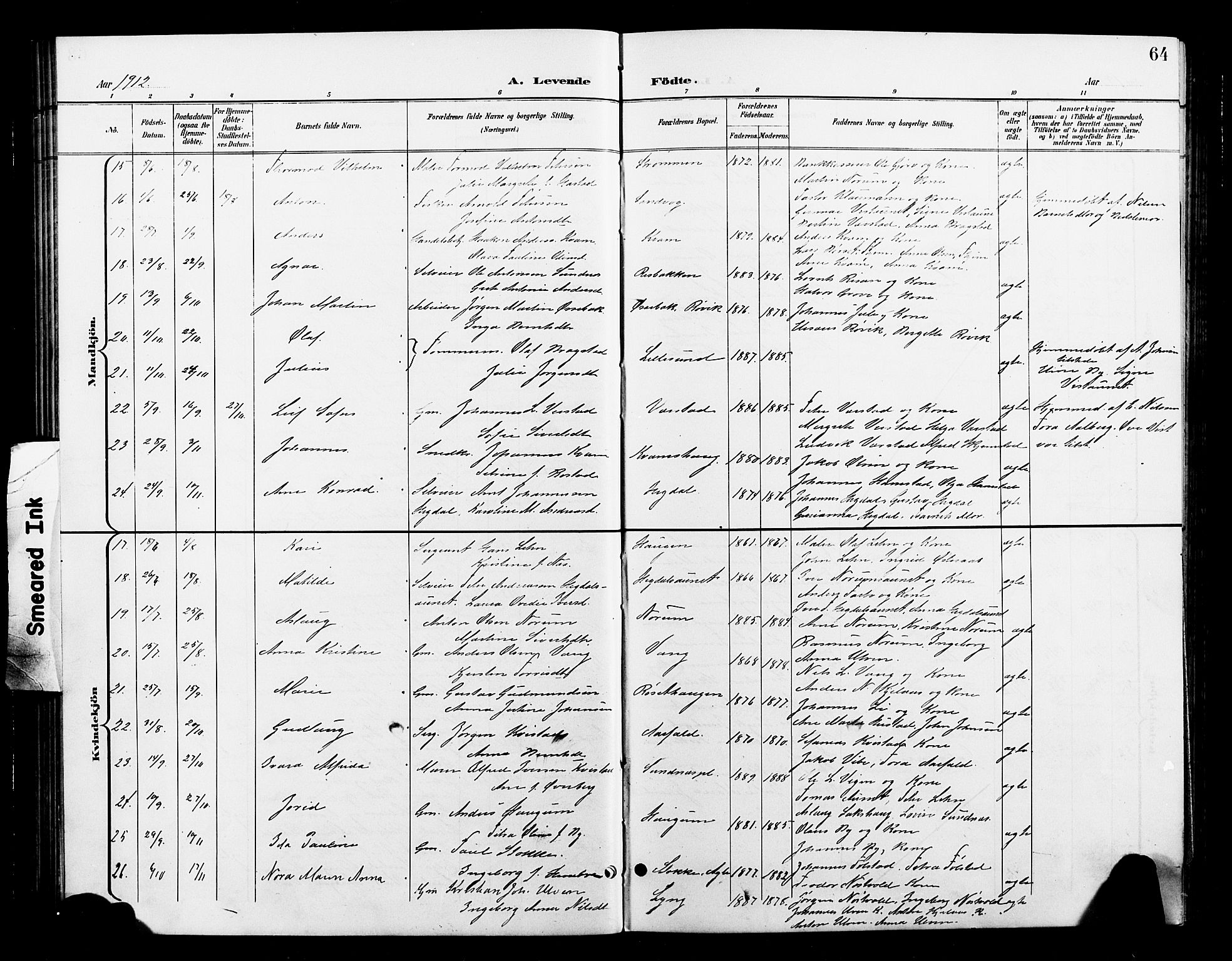 Ministerialprotokoller, klokkerbøker og fødselsregistre - Nord-Trøndelag, AV/SAT-A-1458/730/L0302: Parish register (copy) no. 730C05, 1898-1924, p. 64