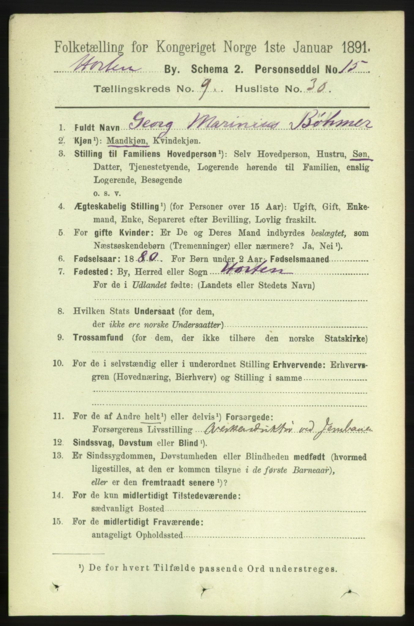 RA, 1891 census for 0703 Horten, 1891, p. 5906