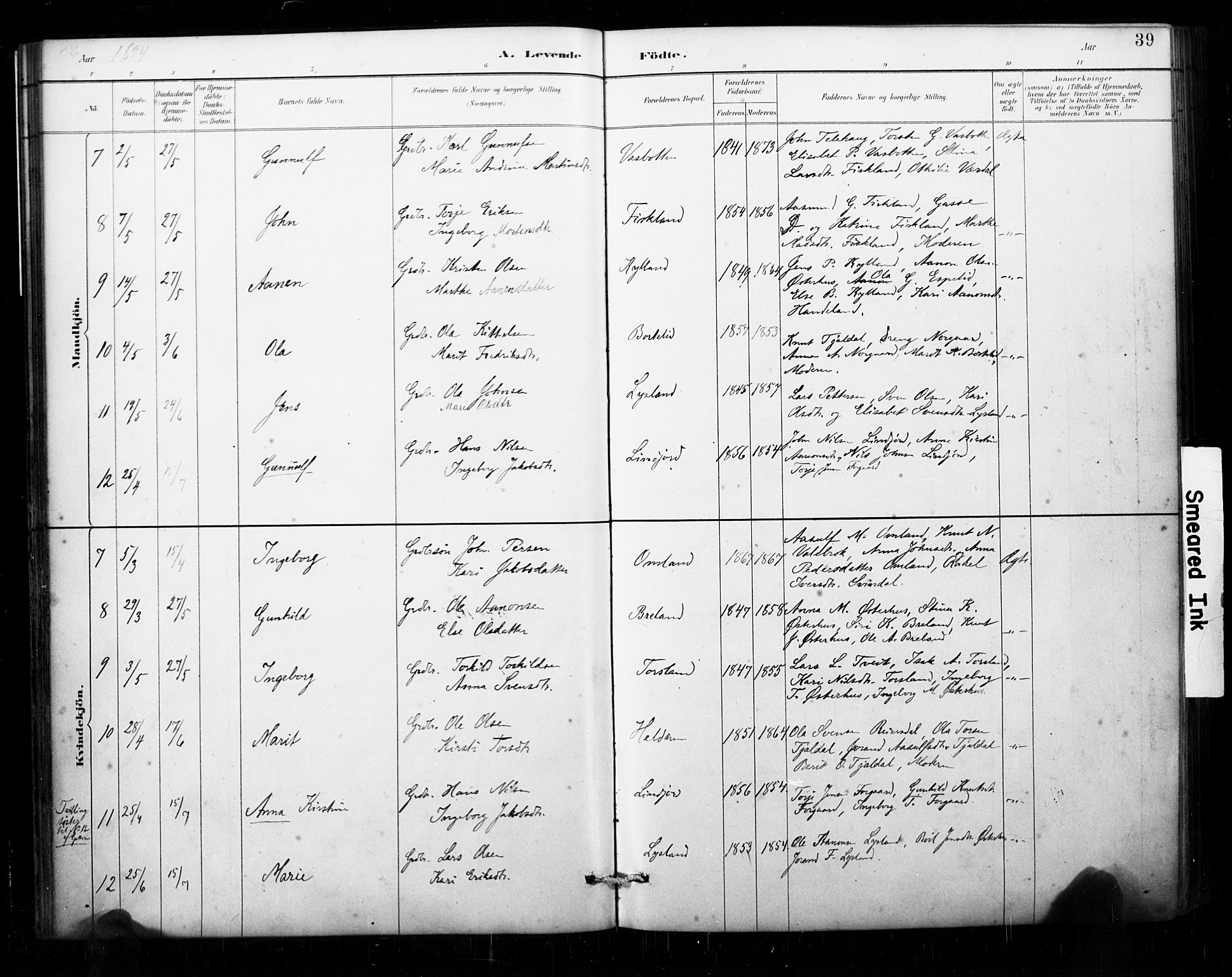 Åseral sokneprestkontor, AV/SAK-1111-0051/F/Fa/L0003: Parish register (official) no. A 3, 1884-1901, p. 39