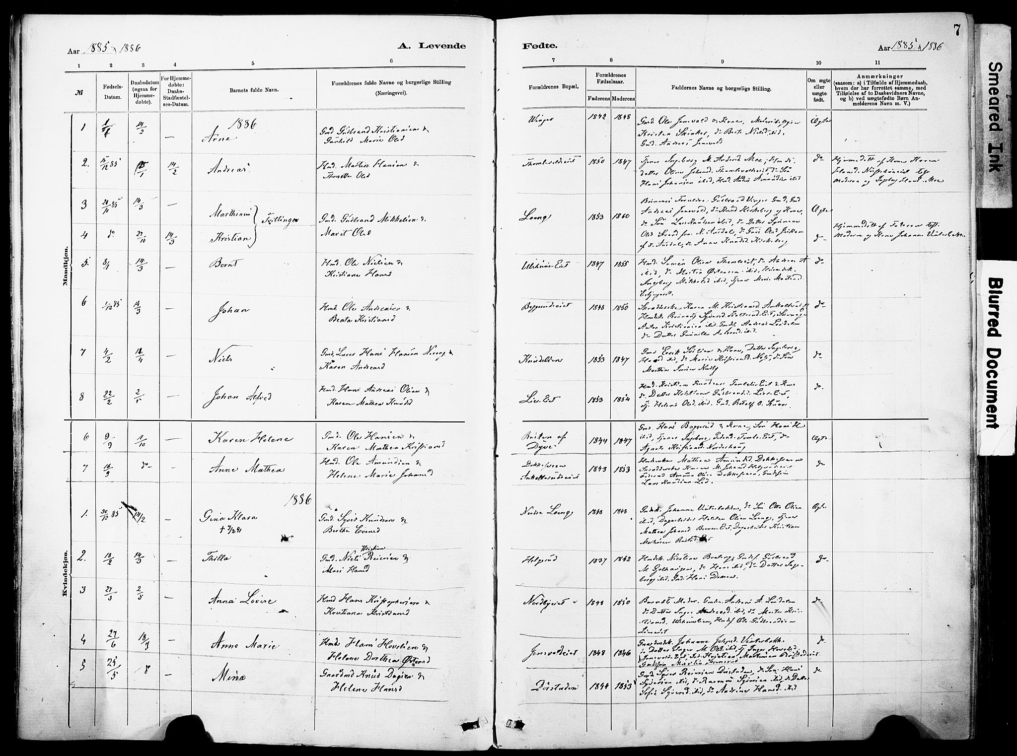 Nordre Land prestekontor, SAH/PREST-124/H/Ha/Haa/L0005: Parish register (official) no. 5, 1882-1903, p. 7