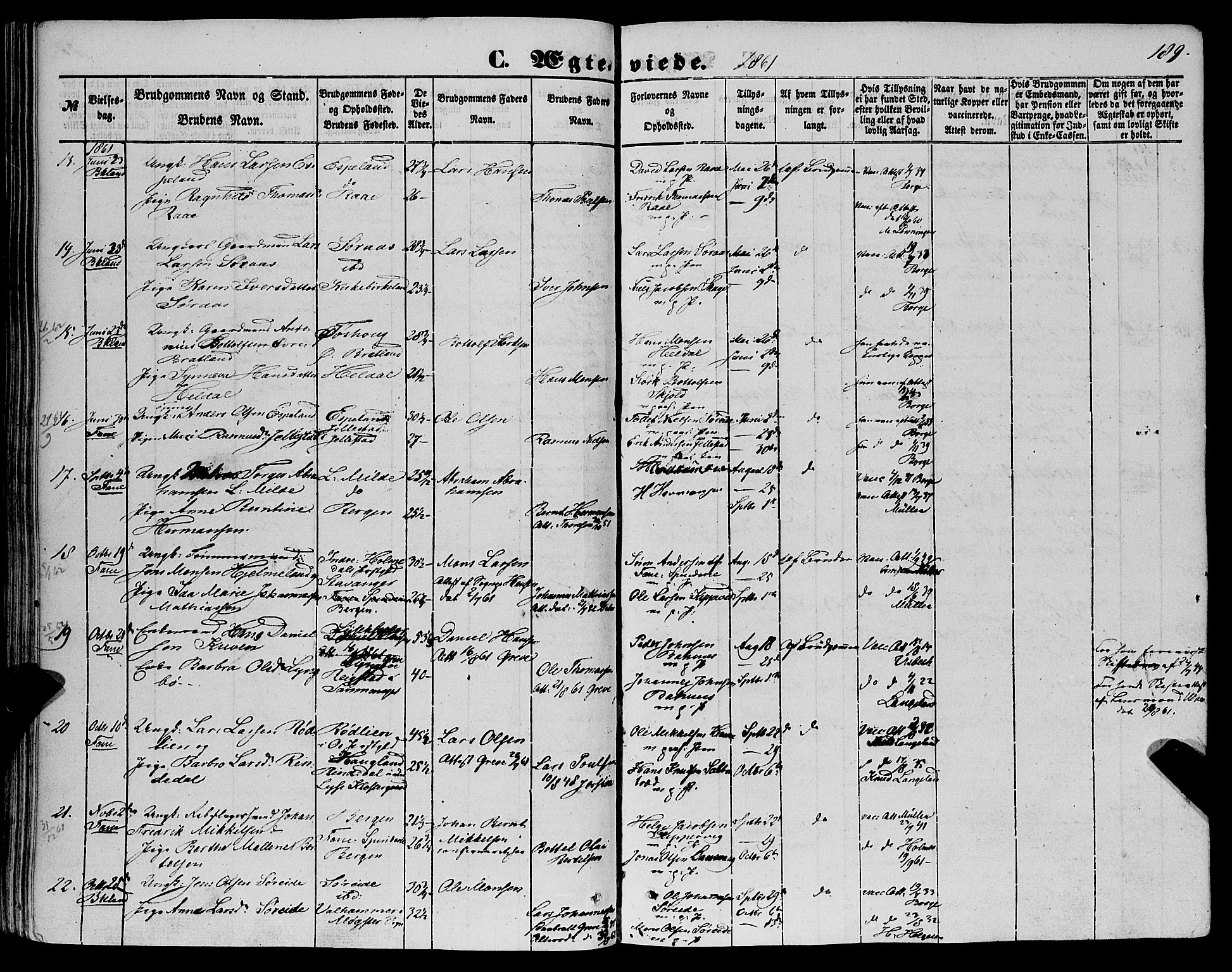 Fana Sokneprestembete, AV/SAB-A-75101/H/Haa/Haaa/L0011: Parish register (official) no. A 11, 1851-1862, p. 189