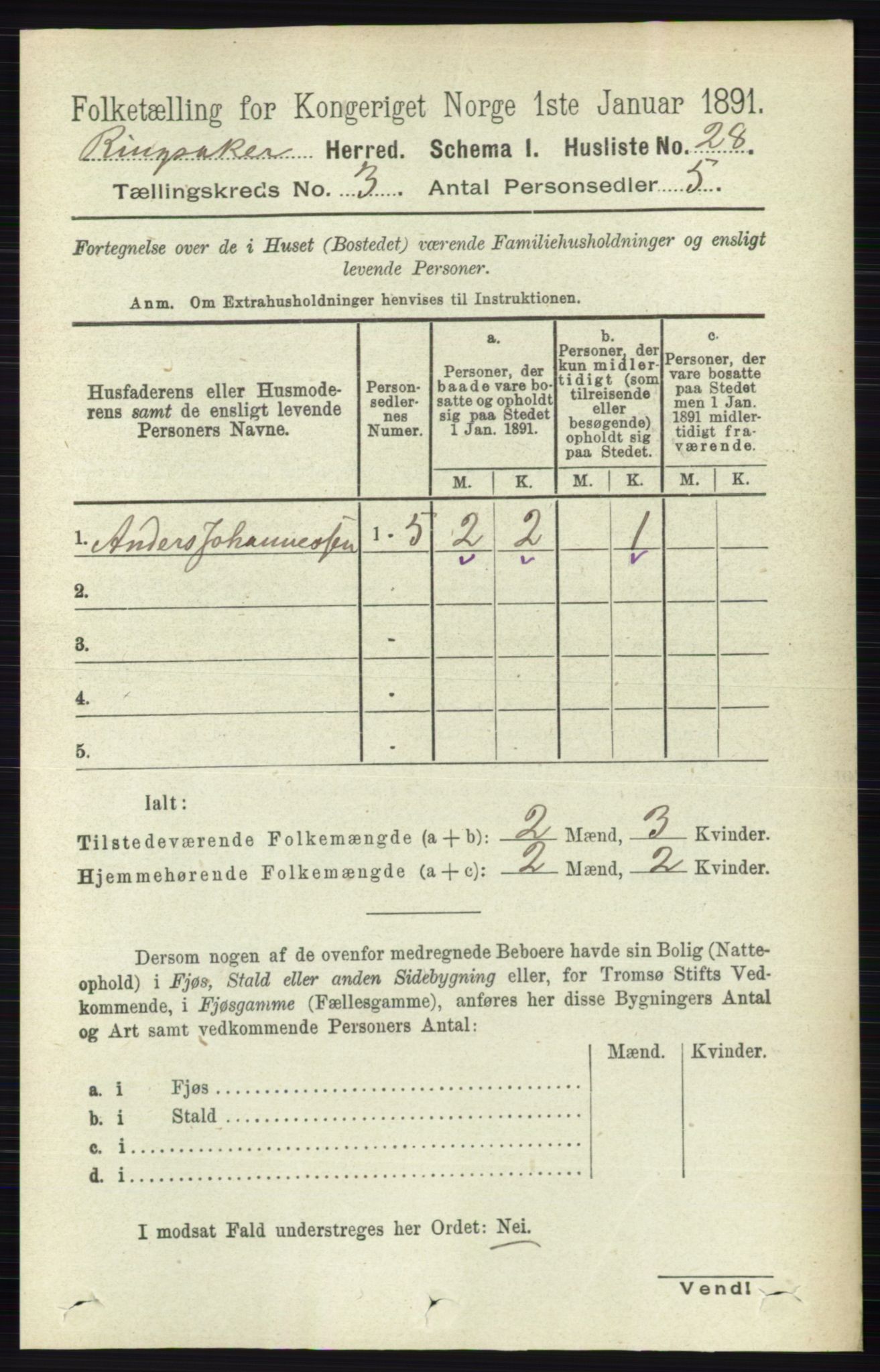 RA, 1891 census for 0412 Ringsaker, 1891, p. 1189