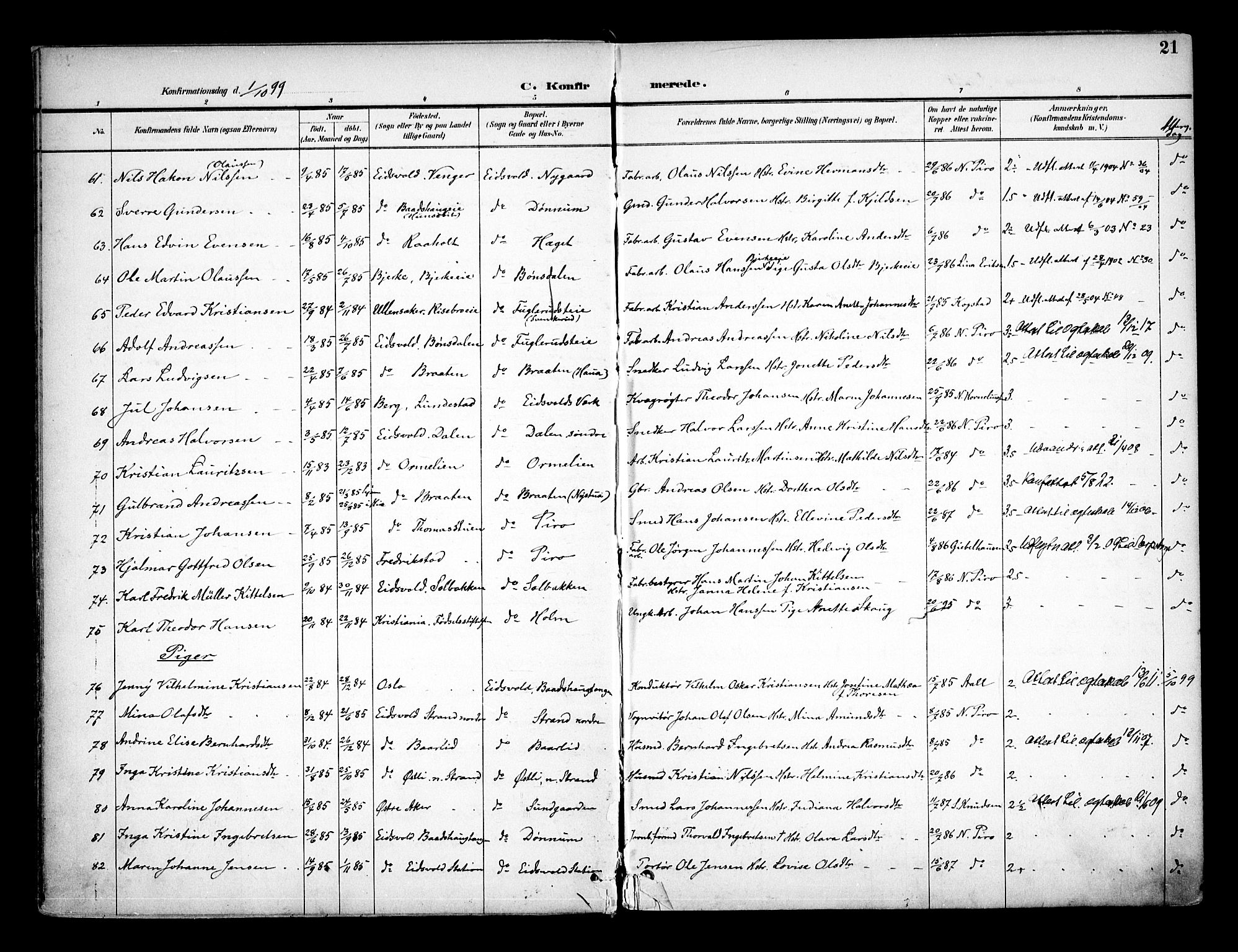Eidsvoll prestekontor Kirkebøker, AV/SAO-A-10888/F/Fa/L0005: Parish register (official) no. I 5, 1896-1906, p. 21