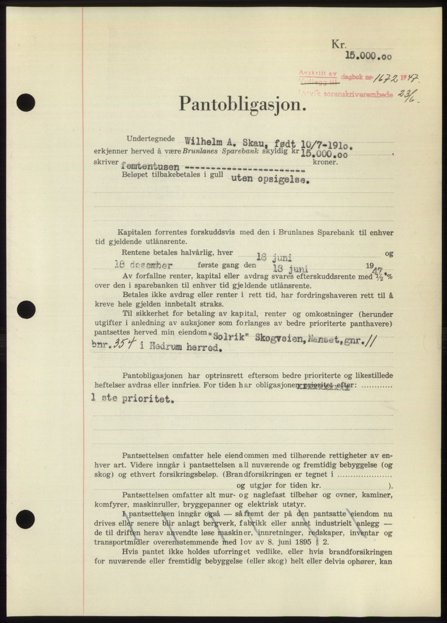 Larvik sorenskriveri, AV/SAKO-A-83/G/Ga/Gac/L0012: Mortgage book no. B-12, 1947-1947, Diary no: : 1672/1947