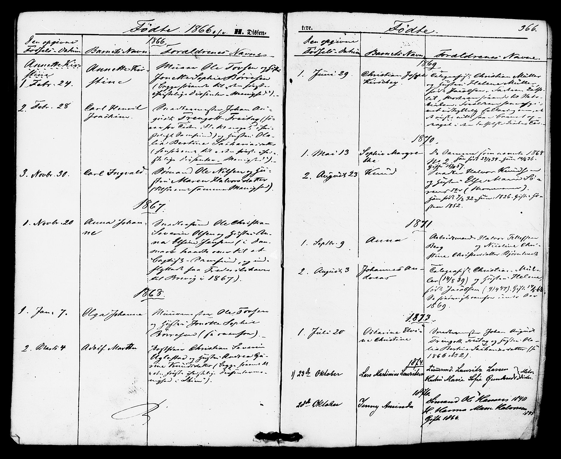 Brevik kirkebøker, AV/SAKO-A-255/F/Fa/L0006: Parish register (official) no. 6, 1866-1881, p. 366