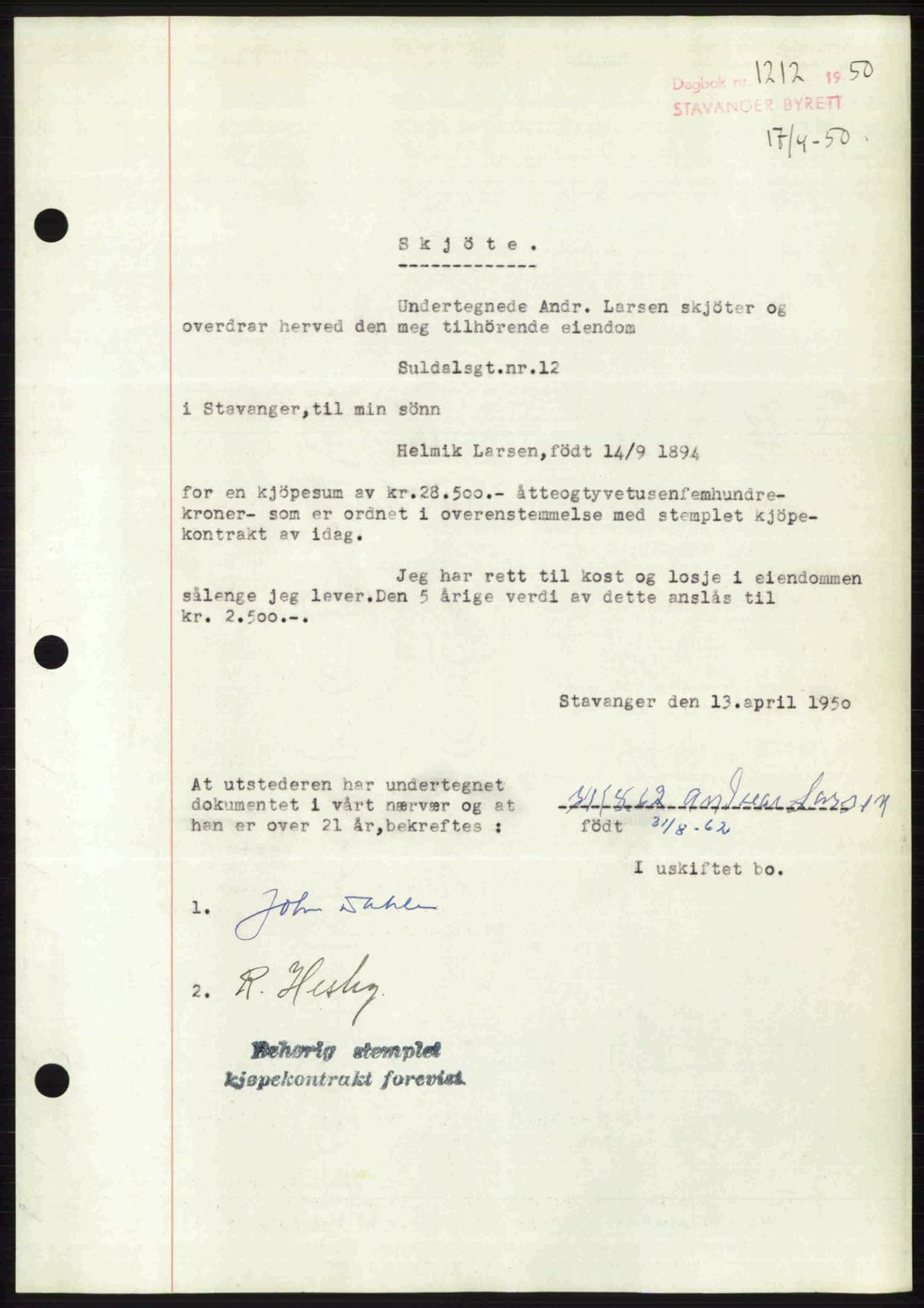 Stavanger byrett, SAST/A-100455/002/G/Gb/L0024: Mortgage book no. A13, 1949-1950, Diary no: : 1212/1950