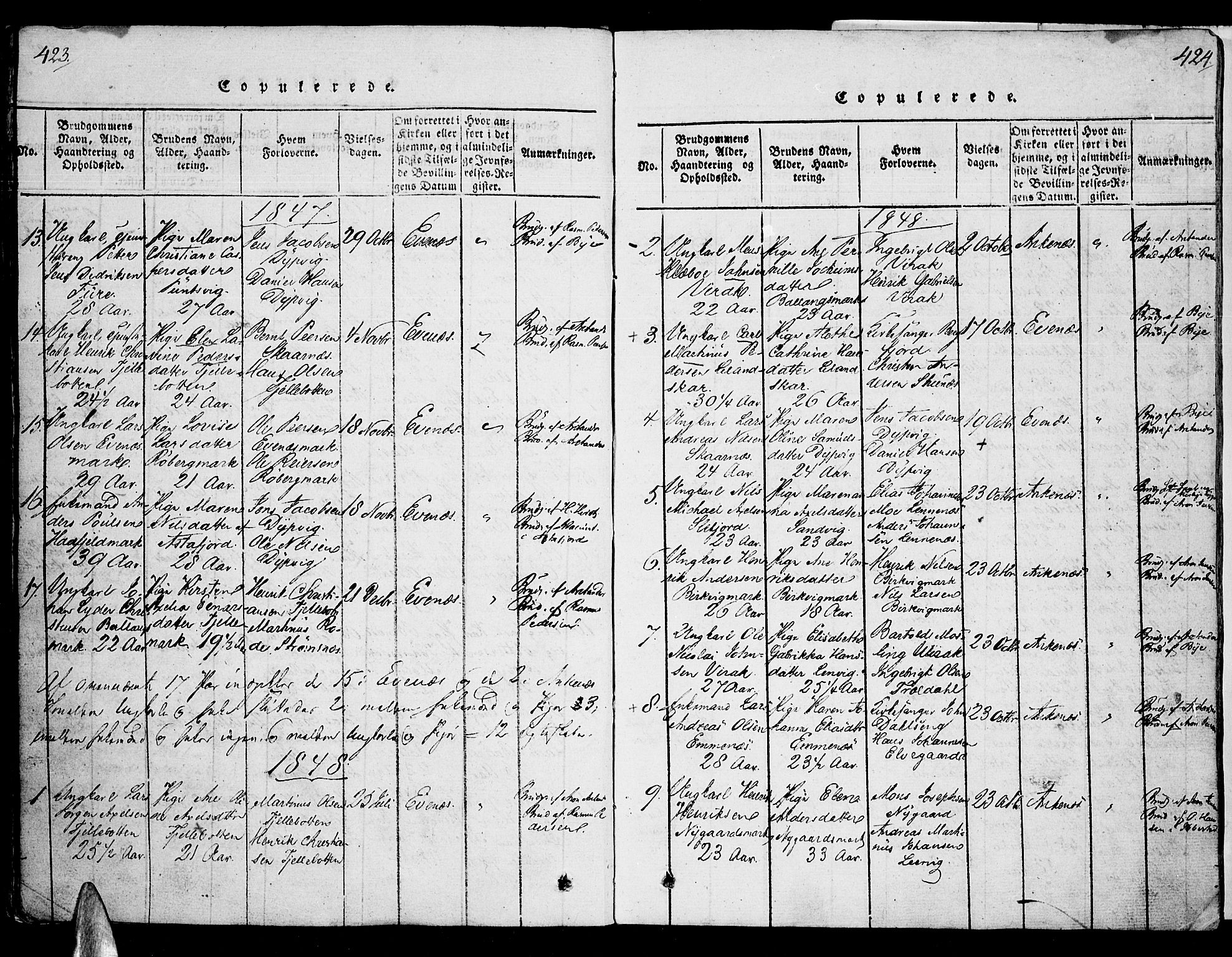 Ministerialprotokoller, klokkerbøker og fødselsregistre - Nordland, SAT/A-1459/863/L0894: Parish register (official) no. 863A06, 1821-1851, p. 423-424