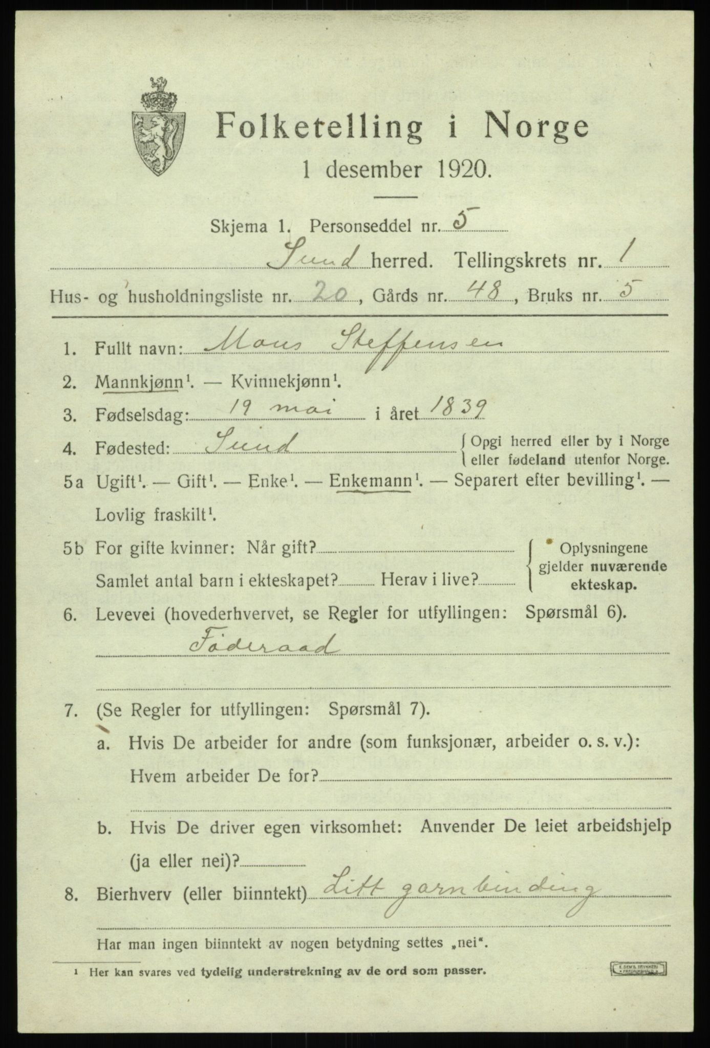 SAB, 1920 census for Sund, 1920, p. 1205