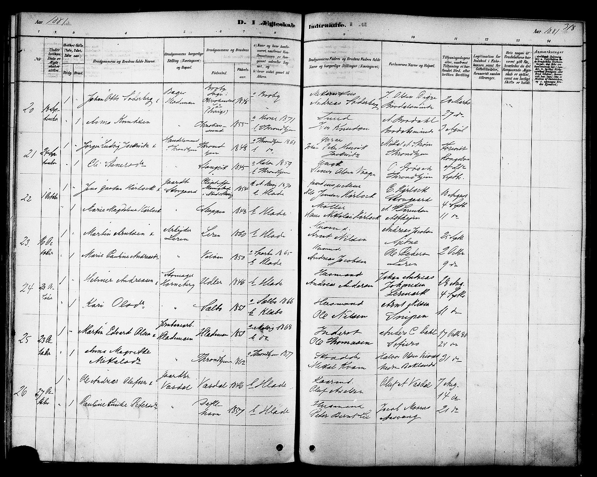 Ministerialprotokoller, klokkerbøker og fødselsregistre - Sør-Trøndelag, AV/SAT-A-1456/606/L0294: Parish register (official) no. 606A09, 1878-1886, p. 318