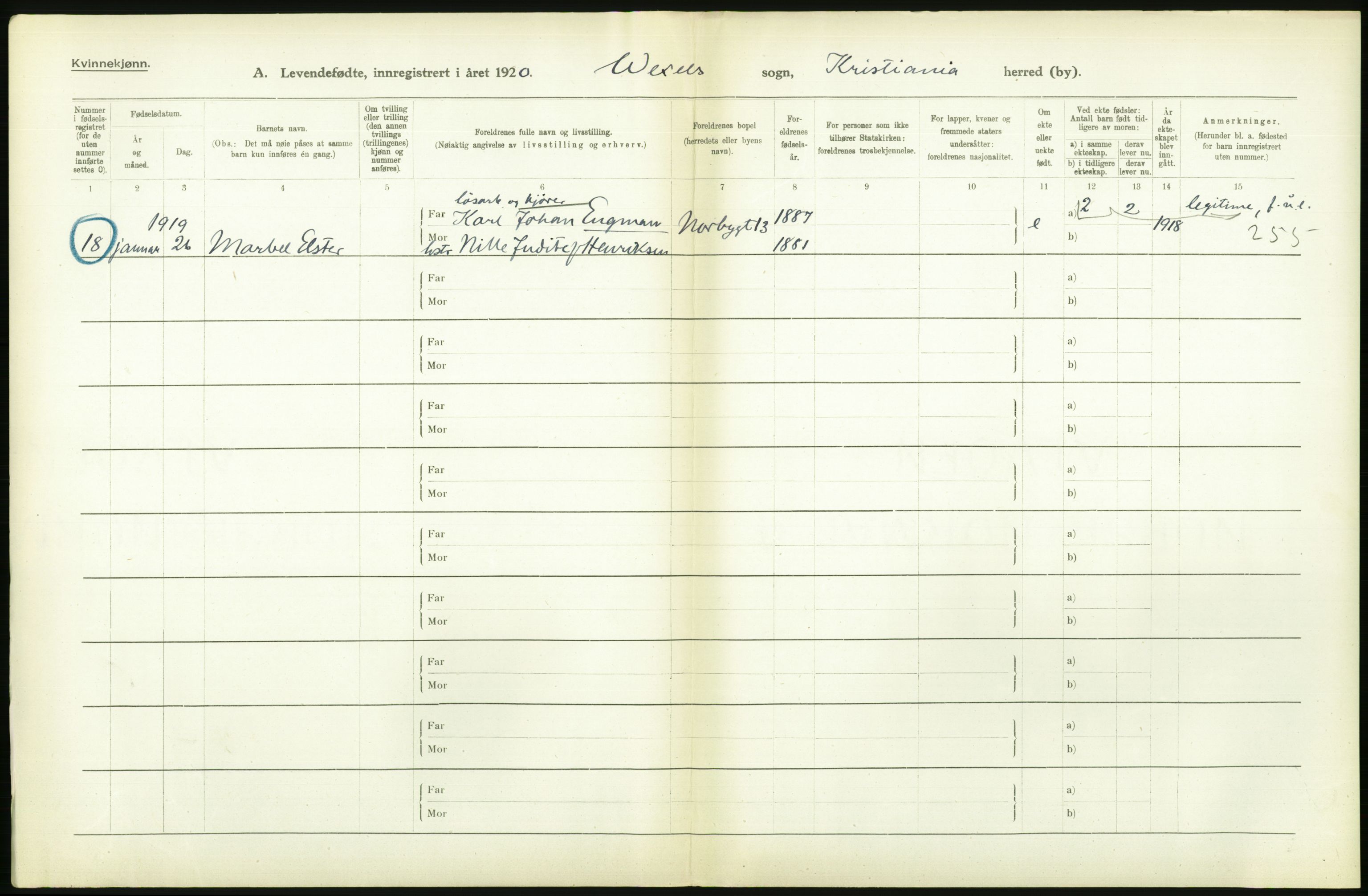 Statistisk sentralbyrå, Sosiodemografiske emner, Befolkning, AV/RA-S-2228/D/Df/Dfb/Dfbj/L0008: Kristiania: Levendefødte menn og kvinner., 1920, p. 312