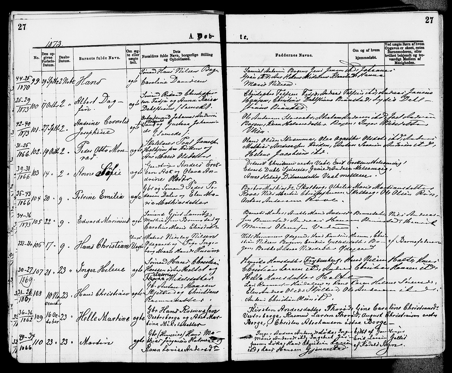 Stokke kirkebøker, AV/SAKO-A-320/F/Fa/L0009: Parish register (official) no. I 9, 1872-1883, p. 27