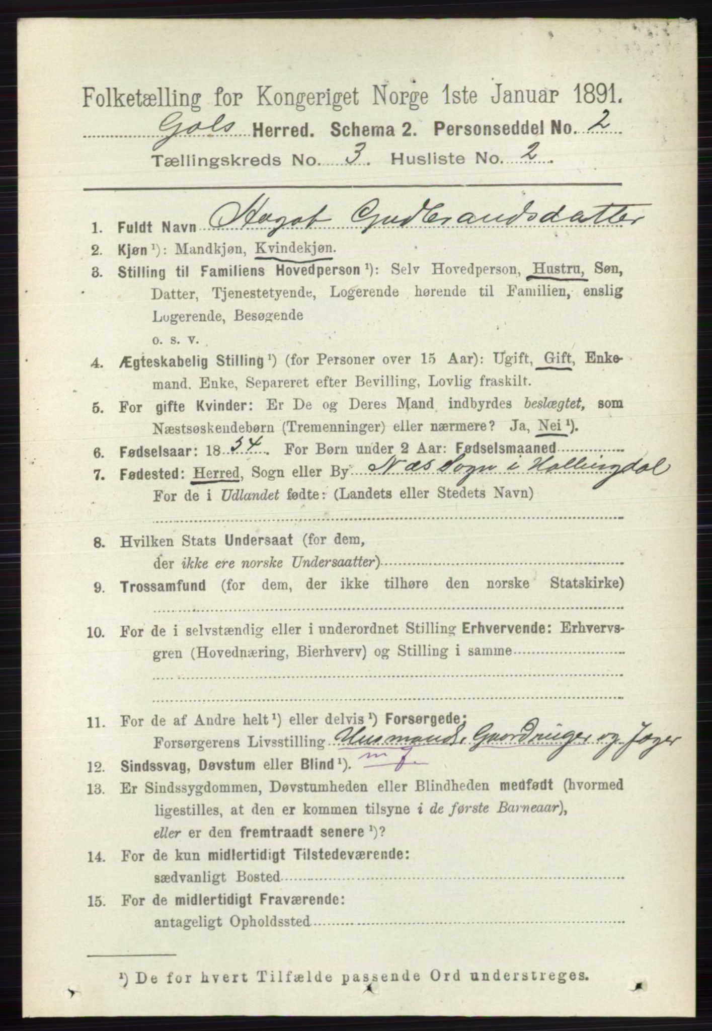 RA, 1891 census for 0617 Gol og Hemsedal, 1891, p. 1281