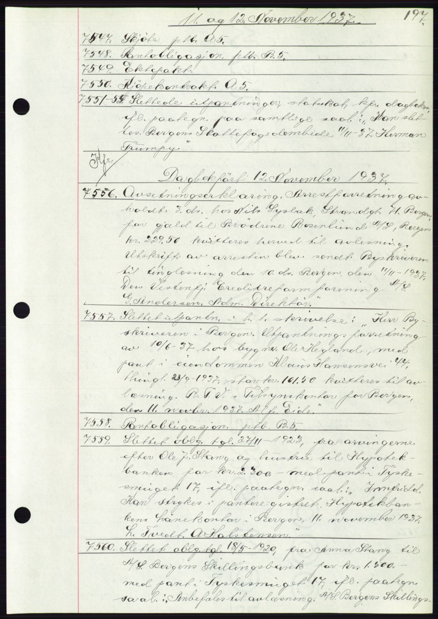 Byfogd og Byskriver i Bergen, AV/SAB-A-3401/03: Mortgage book no. C 5, 1937-1937, Diary no: : 7547/1937