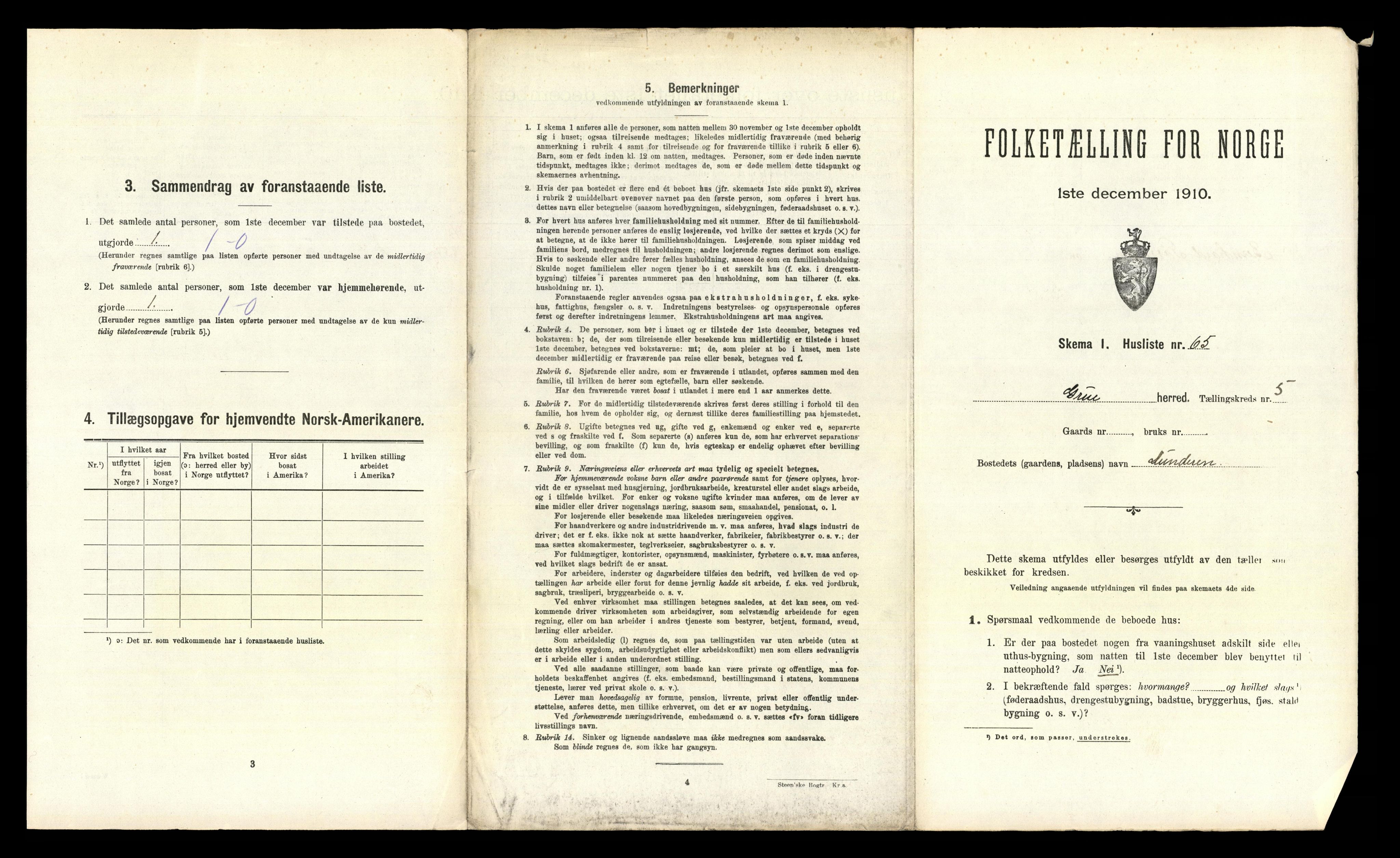 RA, 1910 census for Grue, 1910, p. 1065