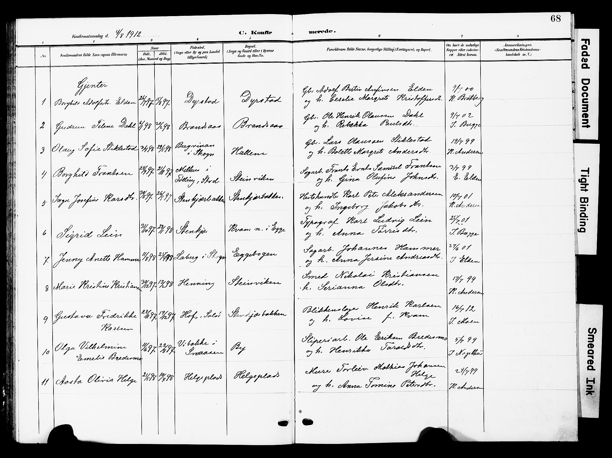 Ministerialprotokoller, klokkerbøker og fødselsregistre - Nord-Trøndelag, AV/SAT-A-1458/740/L0381: Parish register (copy) no. 740C02, 1903-1914, p. 68