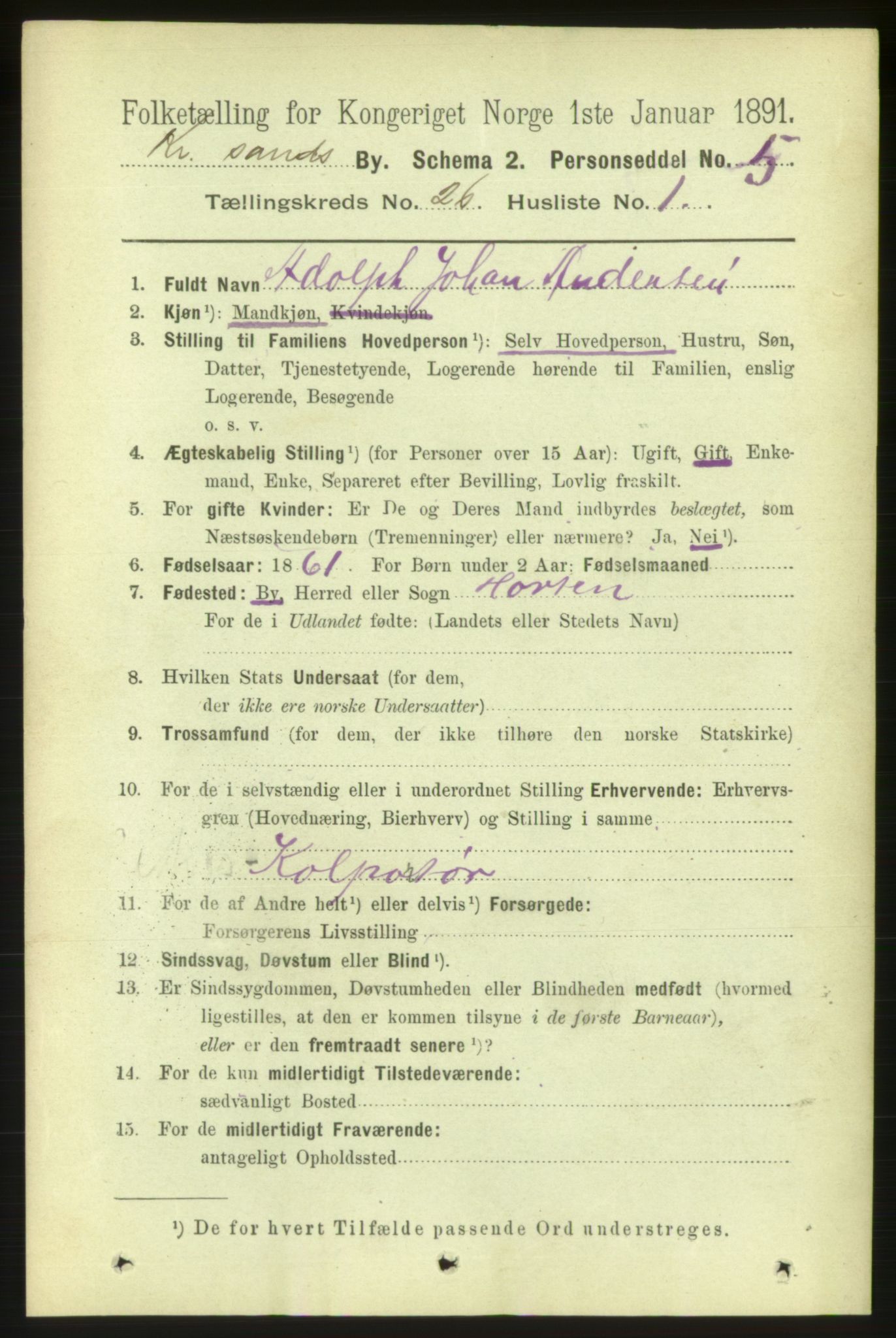 RA, 1891 census for 1001 Kristiansand, 1891, p. 8883