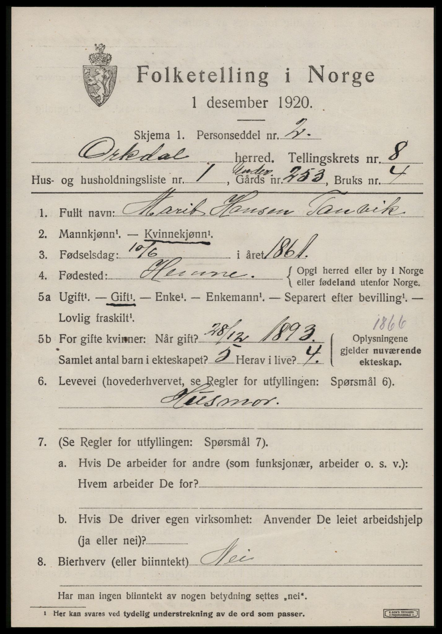 SAT, 1920 census for Orkdal, 1920, p. 6354