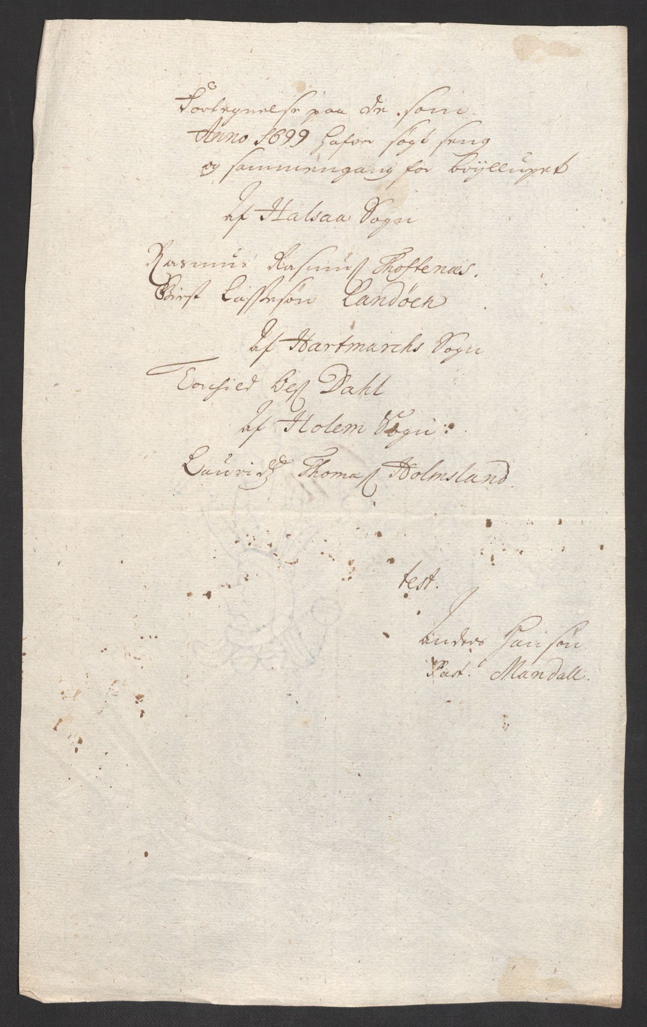 Rentekammeret inntil 1814, Reviderte regnskaper, Fogderegnskap, RA/EA-4092/R43/L2547: Fogderegnskap Lista og Mandal, 1698-1699, p. 222