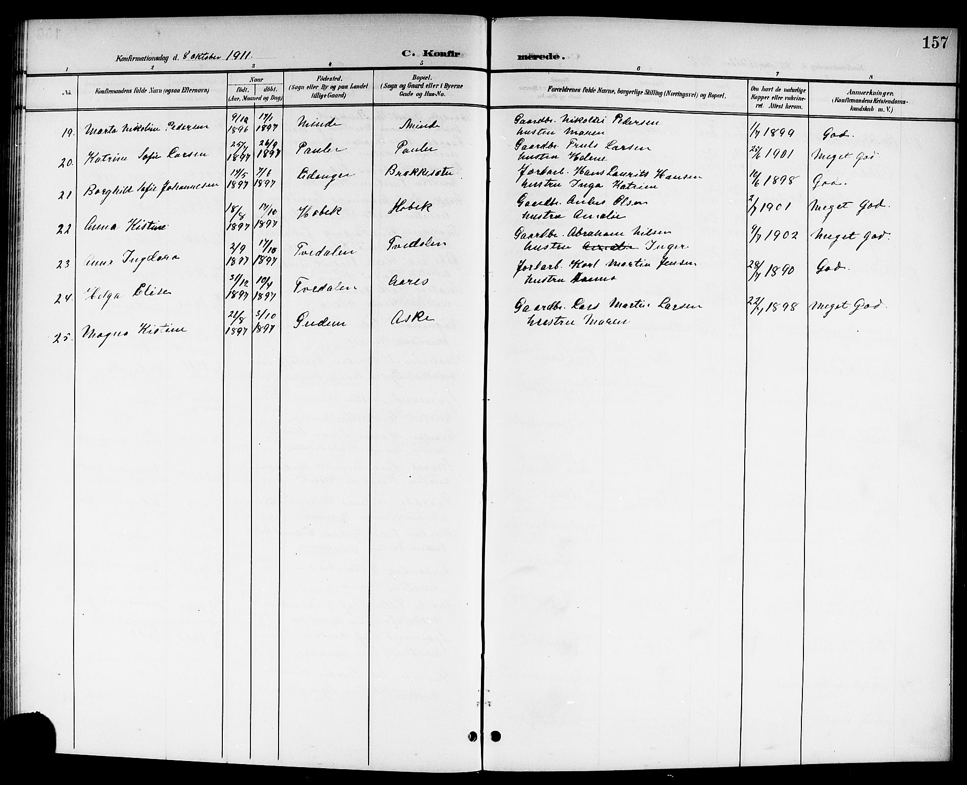 Brunlanes kirkebøker, SAKO/A-342/G/Ga/L0004: Parish register (copy) no. I 4, 1898-1921, p. 157