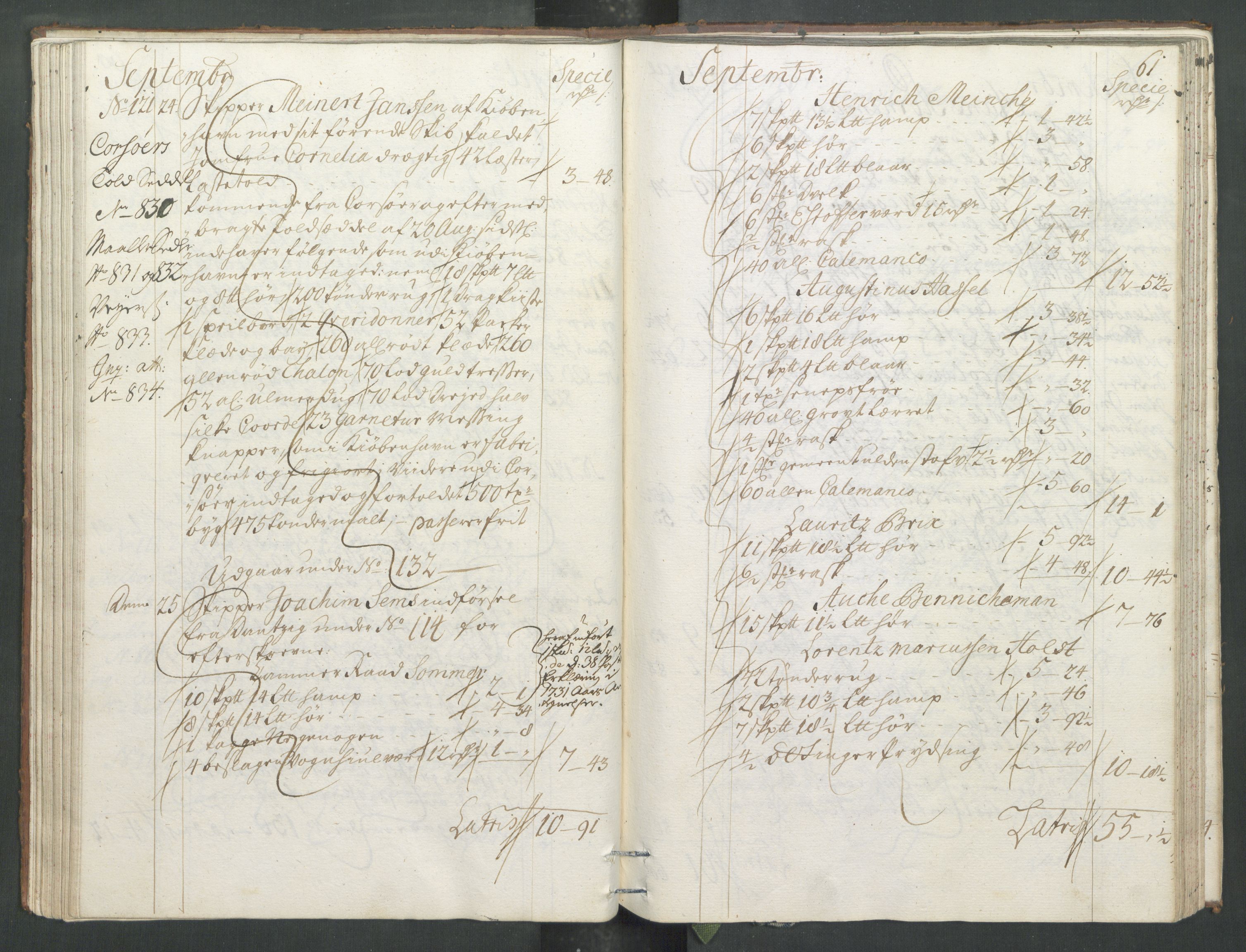 Generaltollkammeret, tollregnskaper, RA/EA-5490/R33/L0013/0001: Tollregnskaper Trondheim A / Inngående tollbok, 1731, p. 60b-61a