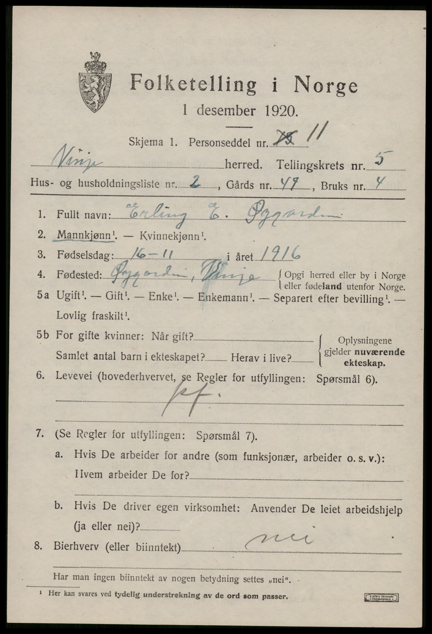 SAKO, 1920 census for Vinje, 1920, p. 1635