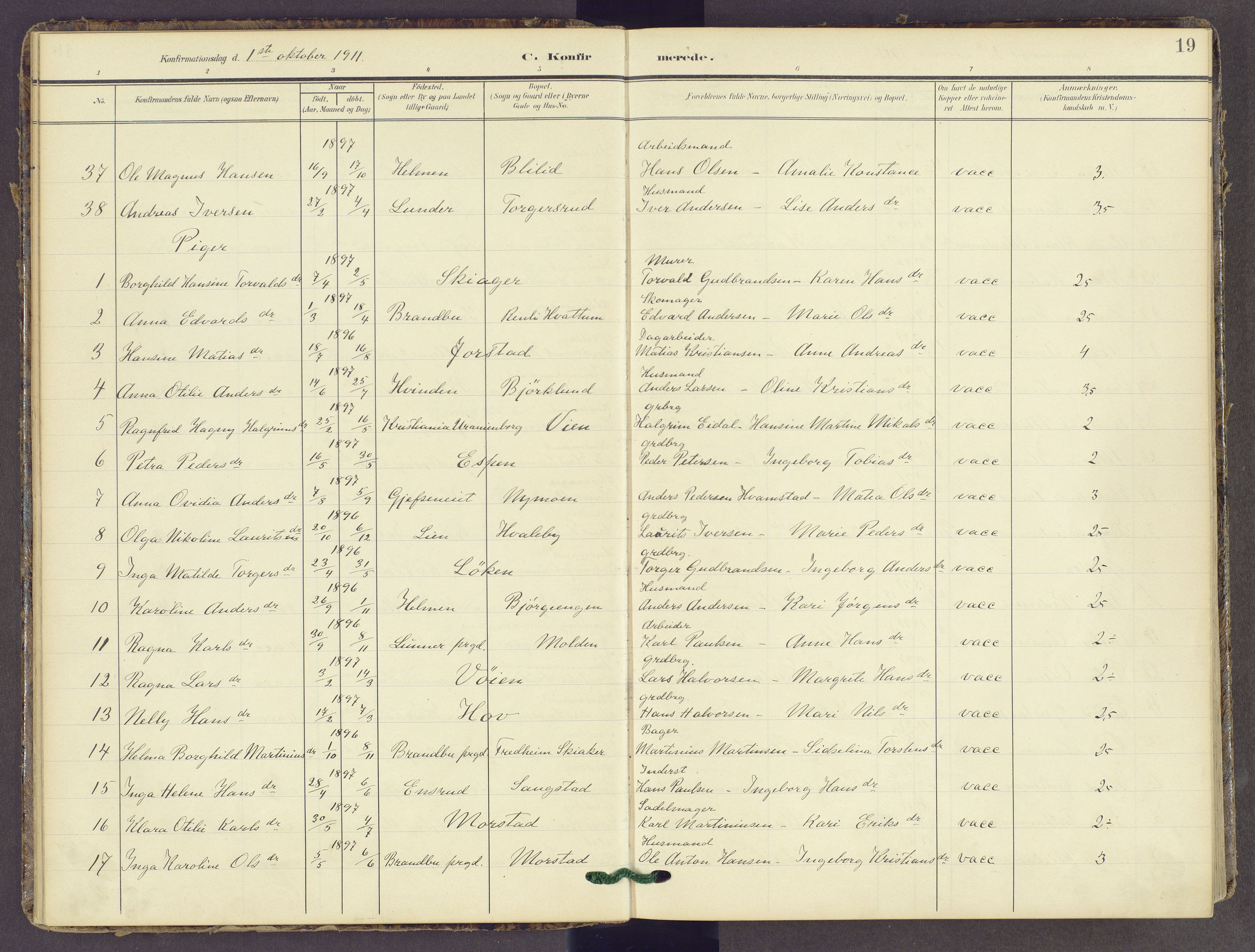 Gran prestekontor, SAH/PREST-112/H/Ha/Haa/L0022: Parish register (official) no. 22, 1908-1918, p. 19