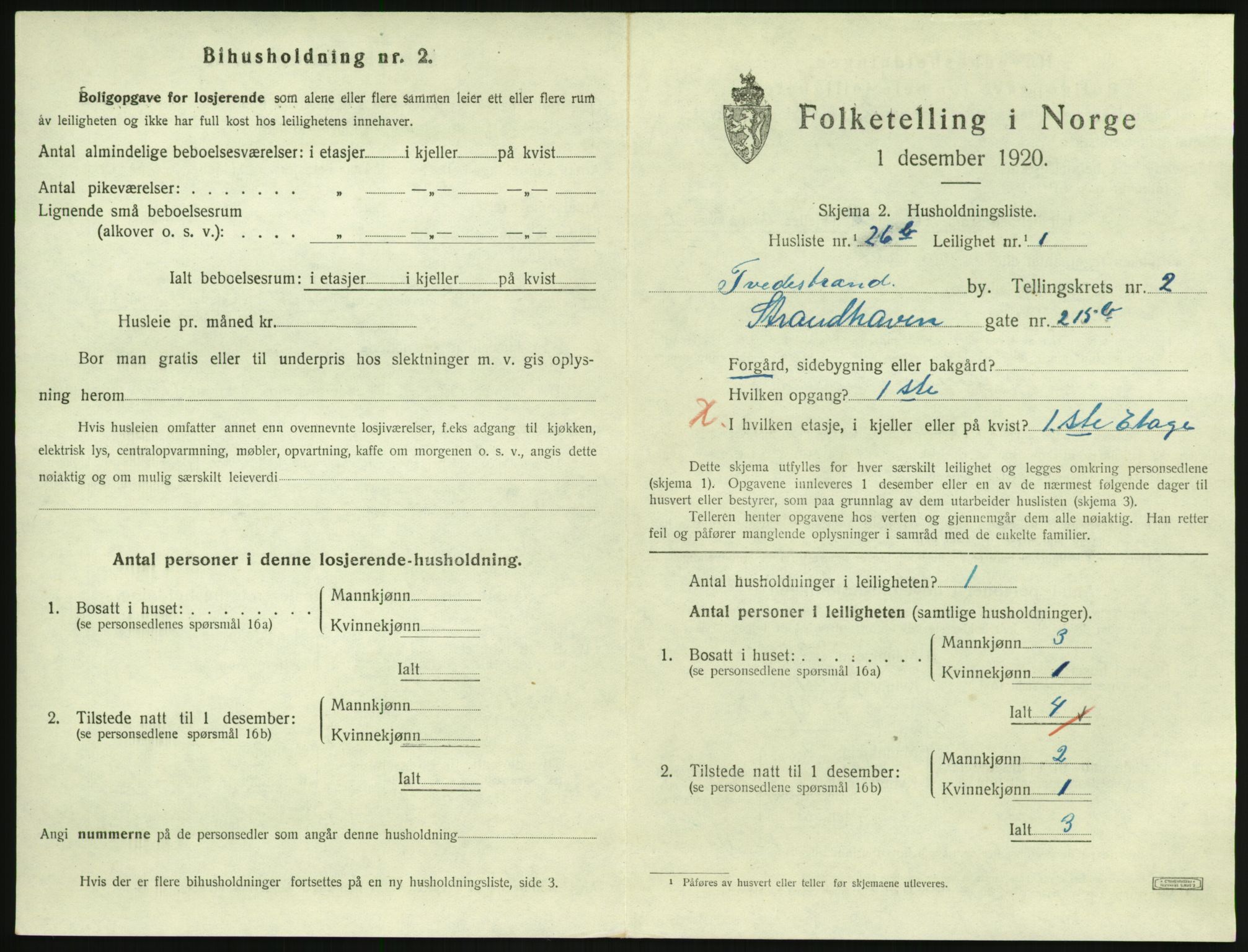 SAK, 1920 census for Tvedestrand, 1920, p. 1007