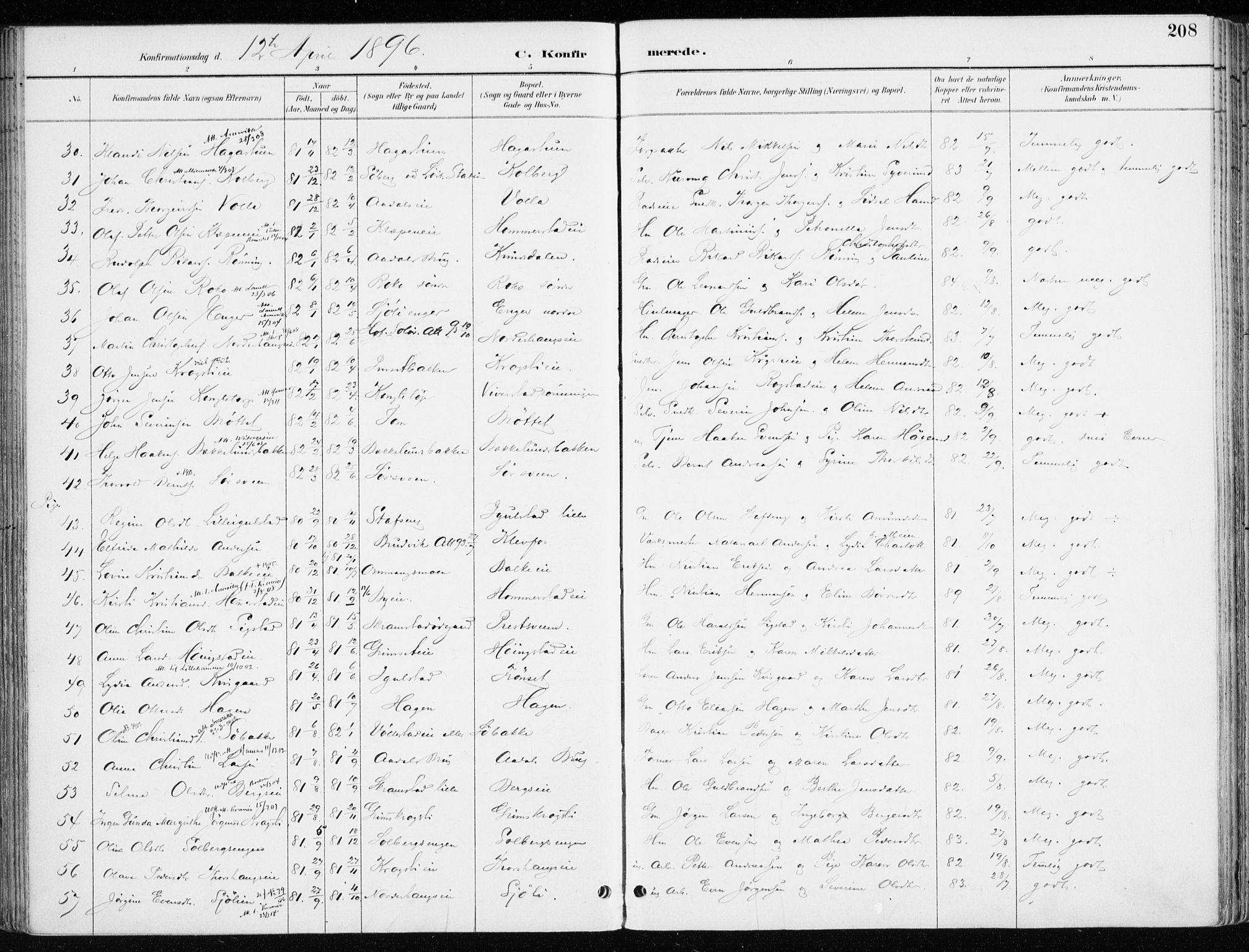 Løten prestekontor, AV/SAH-PREST-022/K/Ka/L0010: Parish register (official) no. 10, 1892-1907, p. 208