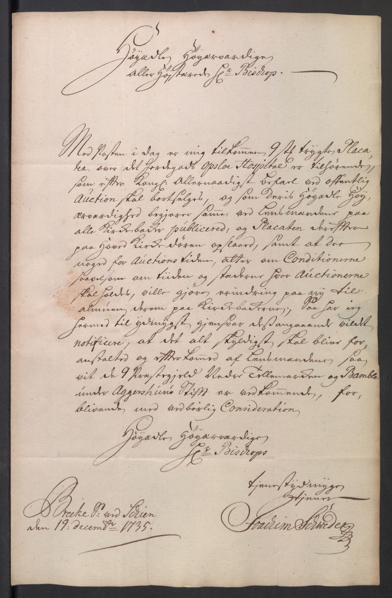 Oslo stiftsdireksjon, AV/SAO-A-11085/K/Kb/L0003/0004: Oslo Hospital / Auksjoner over Hospitalets eiendommer: Korrespondanse, 1735-1736, p. 20
