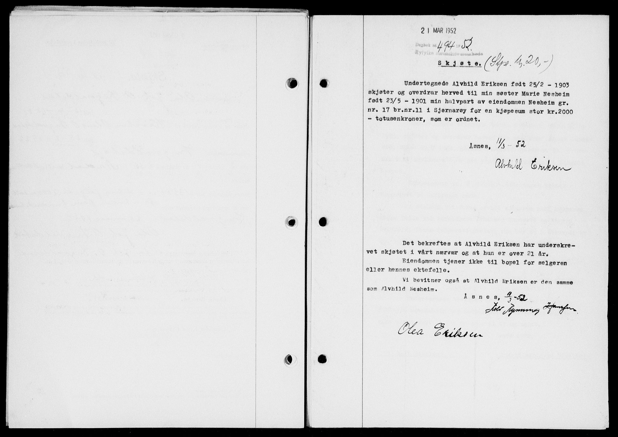 Ryfylke tingrett, AV/SAST-A-100055/001/II/IIB/L0116: Mortgage book no. 95, 1951-1952, Diary no: : 494/1952