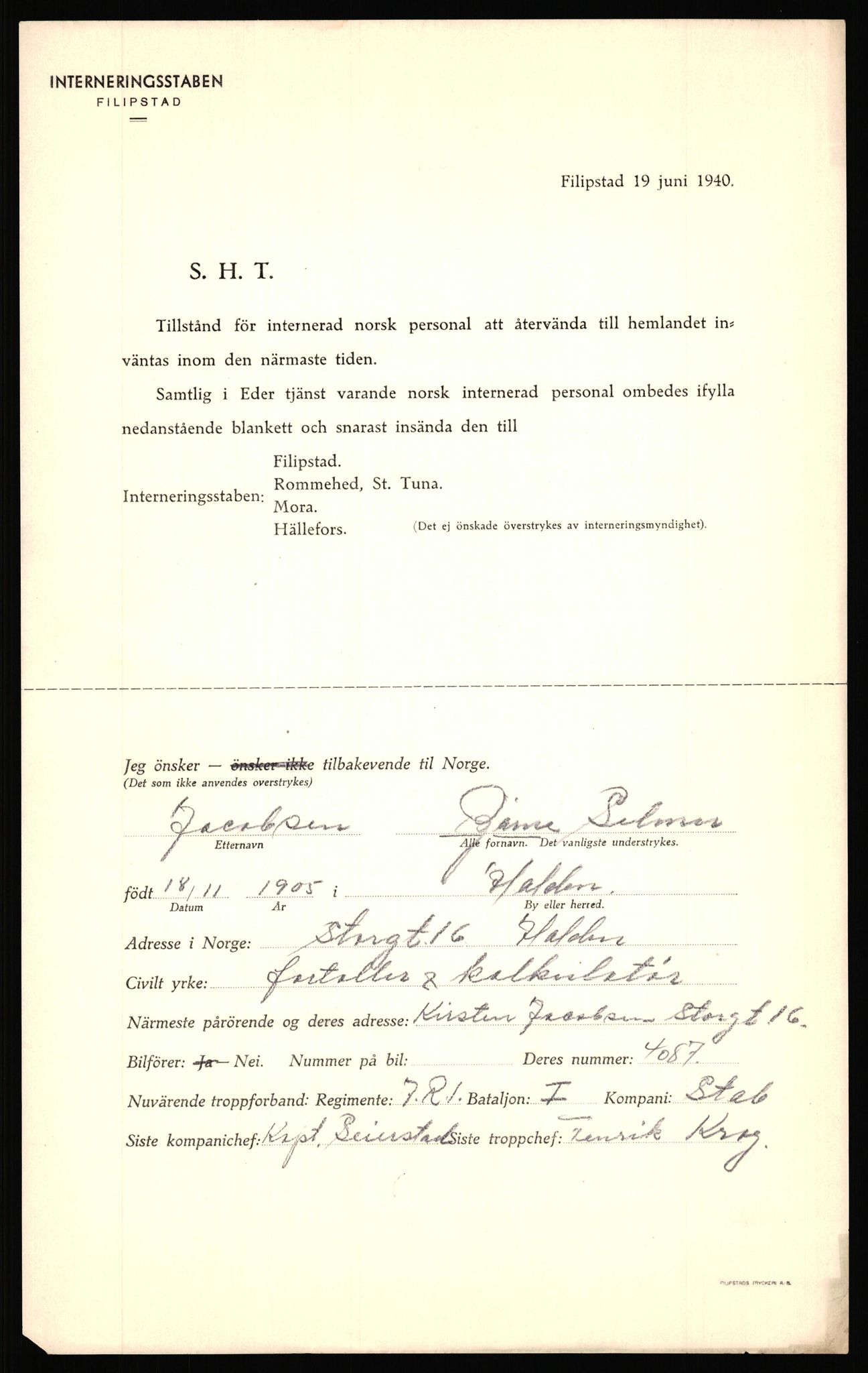 Forsvaret, Forsvarets krigshistoriske avdeling, AV/RA-RAFA-2017/Y/Yf/L0204: II-C-11-2110 - Norske internert i Sverige 1940 / Tysk frigivelse av norsk soldat, 1940, p. 385