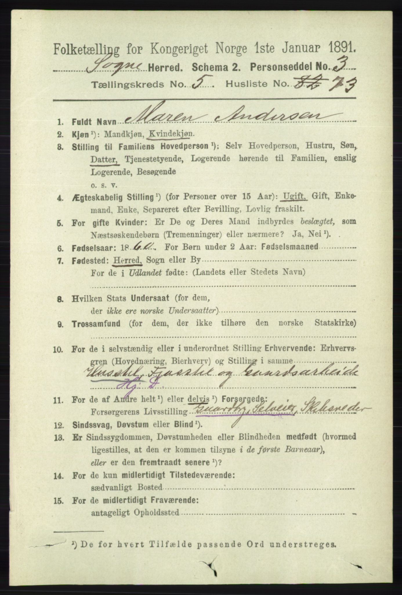 RA, 1891 census for 1018 Søgne, 1891, p. 1351