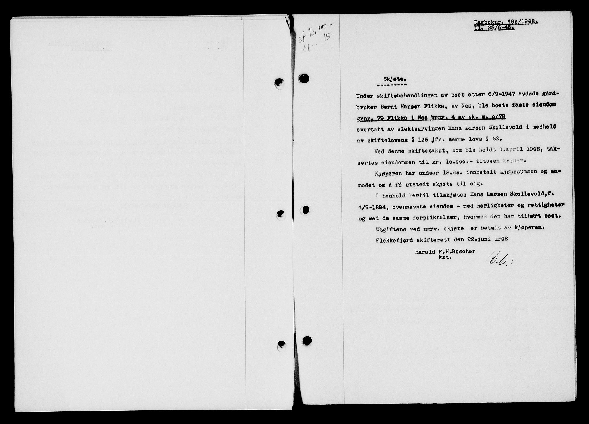 Flekkefjord sorenskriveri, SAK/1221-0001/G/Gb/Gba/L0063: Mortgage book no. A-11, 1947-1948, Diary no: : 490/1948