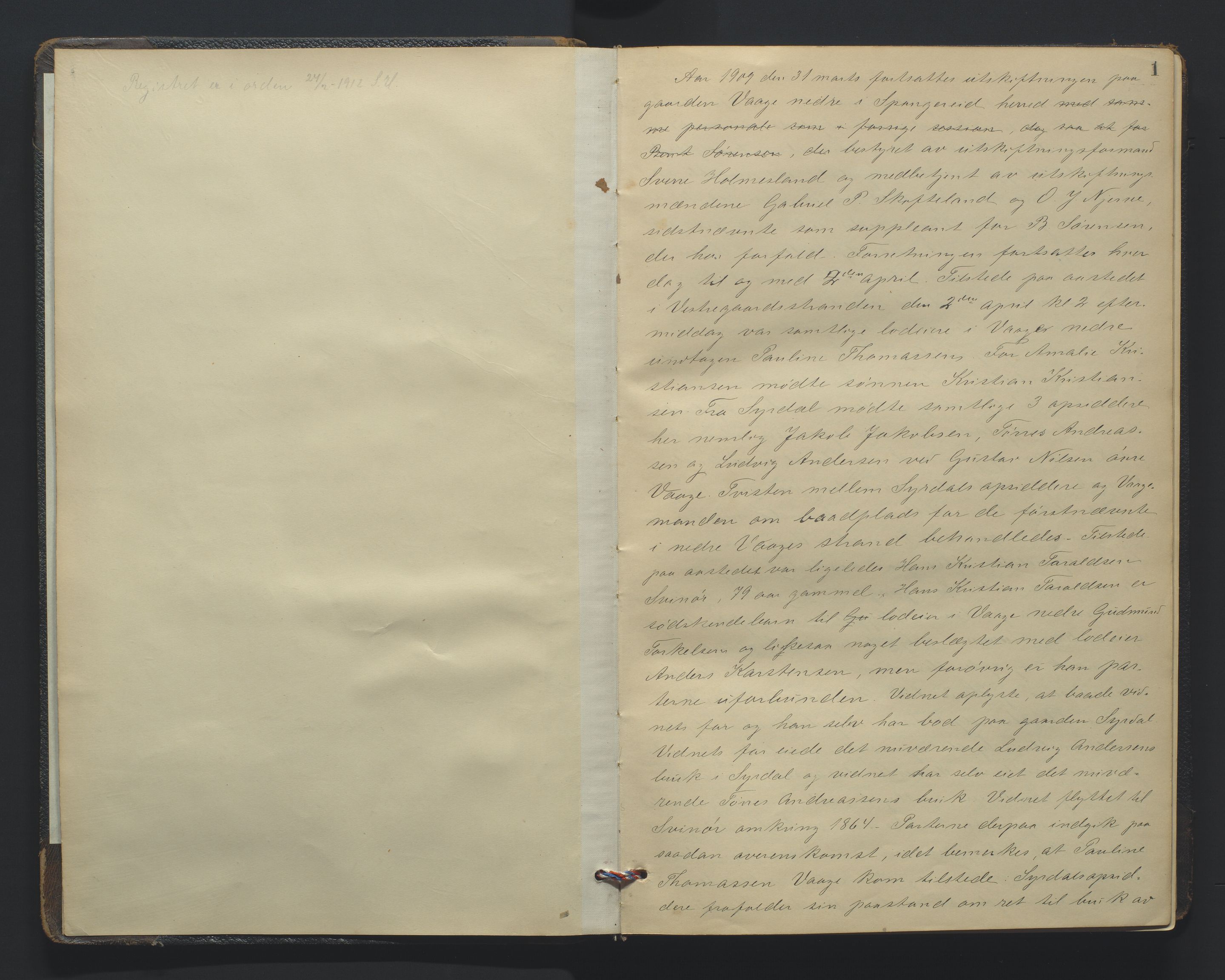 Utskiftningsformannen i Lister og Mandal amt, AV/SAK-1541-0003/F/Fa/Faa/L0038: Utskiftningsprotokoll med register nr A-6, 1909-1912, p. 1a