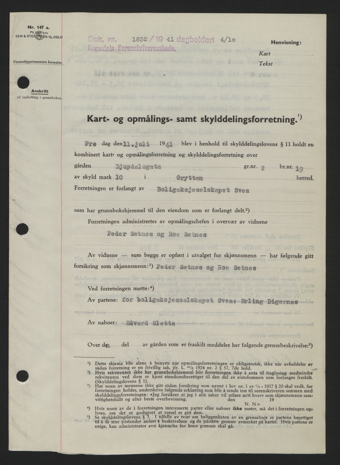 Romsdal sorenskriveri, AV/SAT-A-4149/1/2/2C: Mortgage book no. A11, 1941-1942, Diary no: : 1832/1941