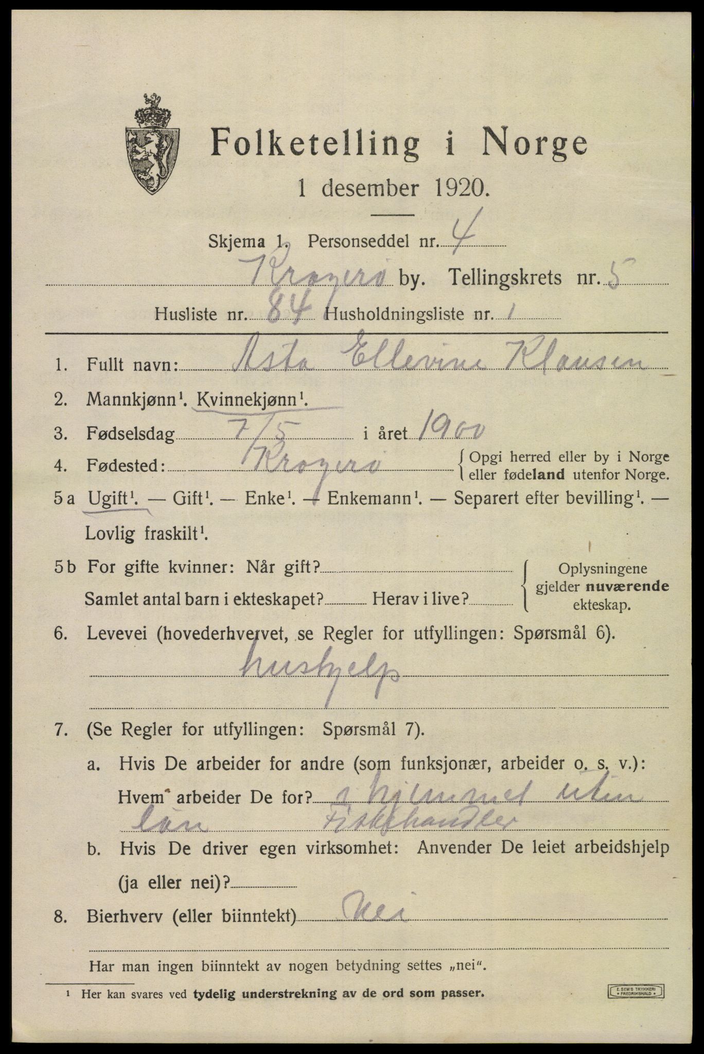 SAKO, 1920 census for Kragerø, 1920, p. 9033